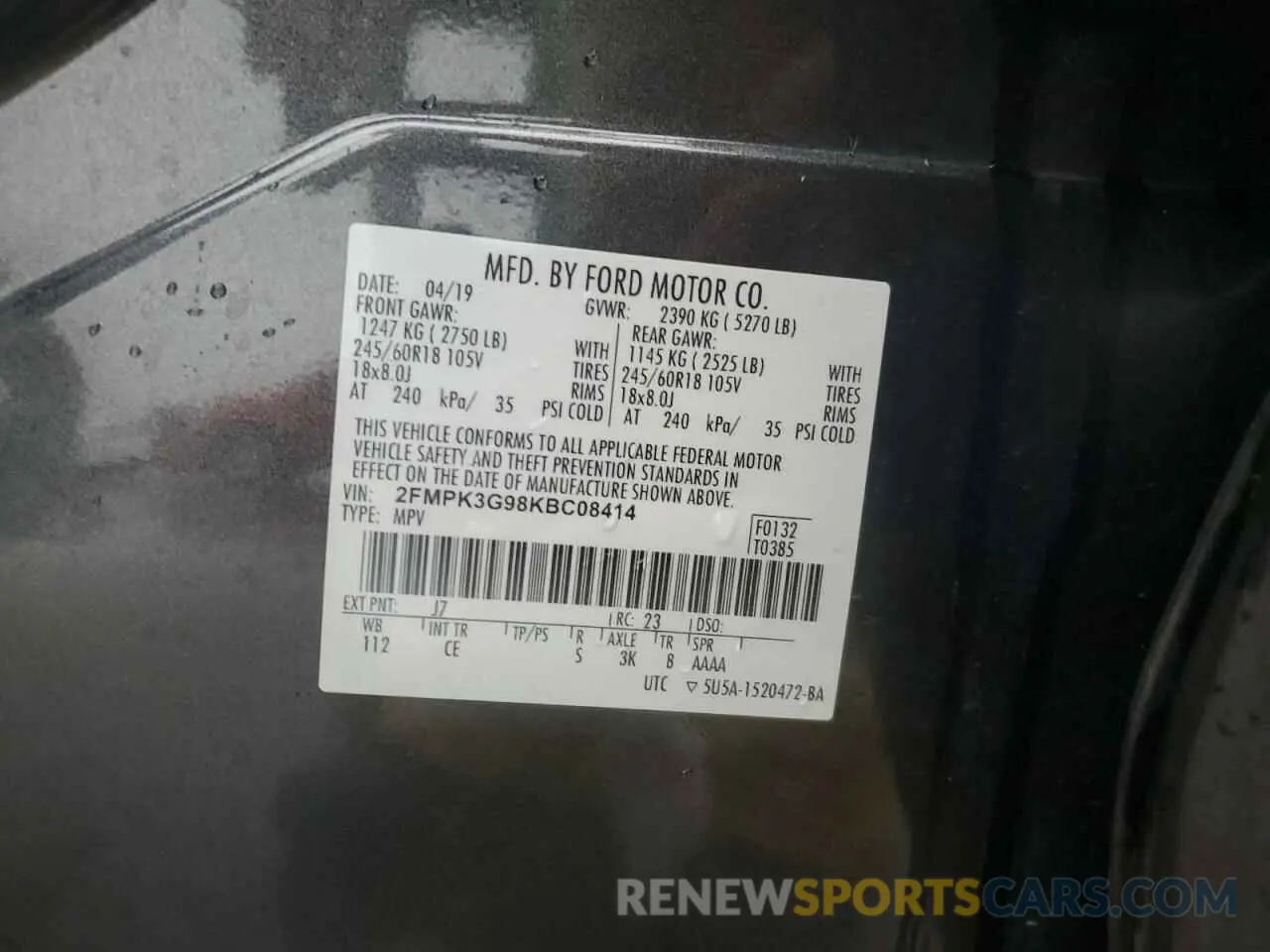 13 fotografías del automóvil dañado 2FMPK3G98KBC08414 FORD EDGE 2019