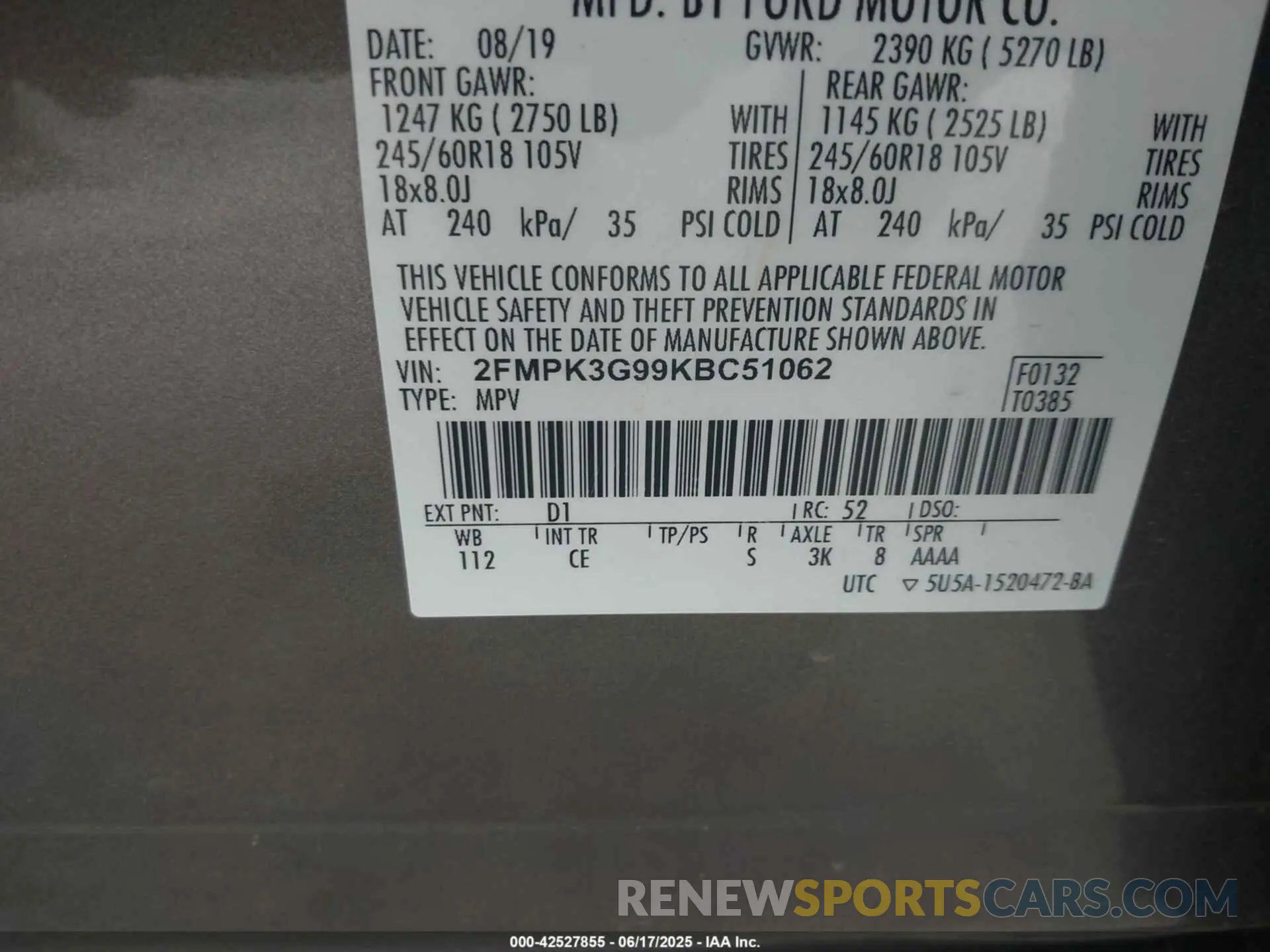 9 fotografías del automóvil dañado 2FMPK3G99KBC51062 FORD EDGE 2019