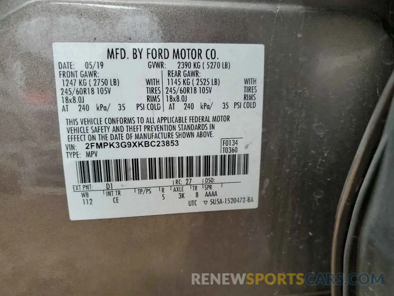 12 fotografías del automóvil dañado 2FMPK3G9XKBC23853 FORD EDGE 2019