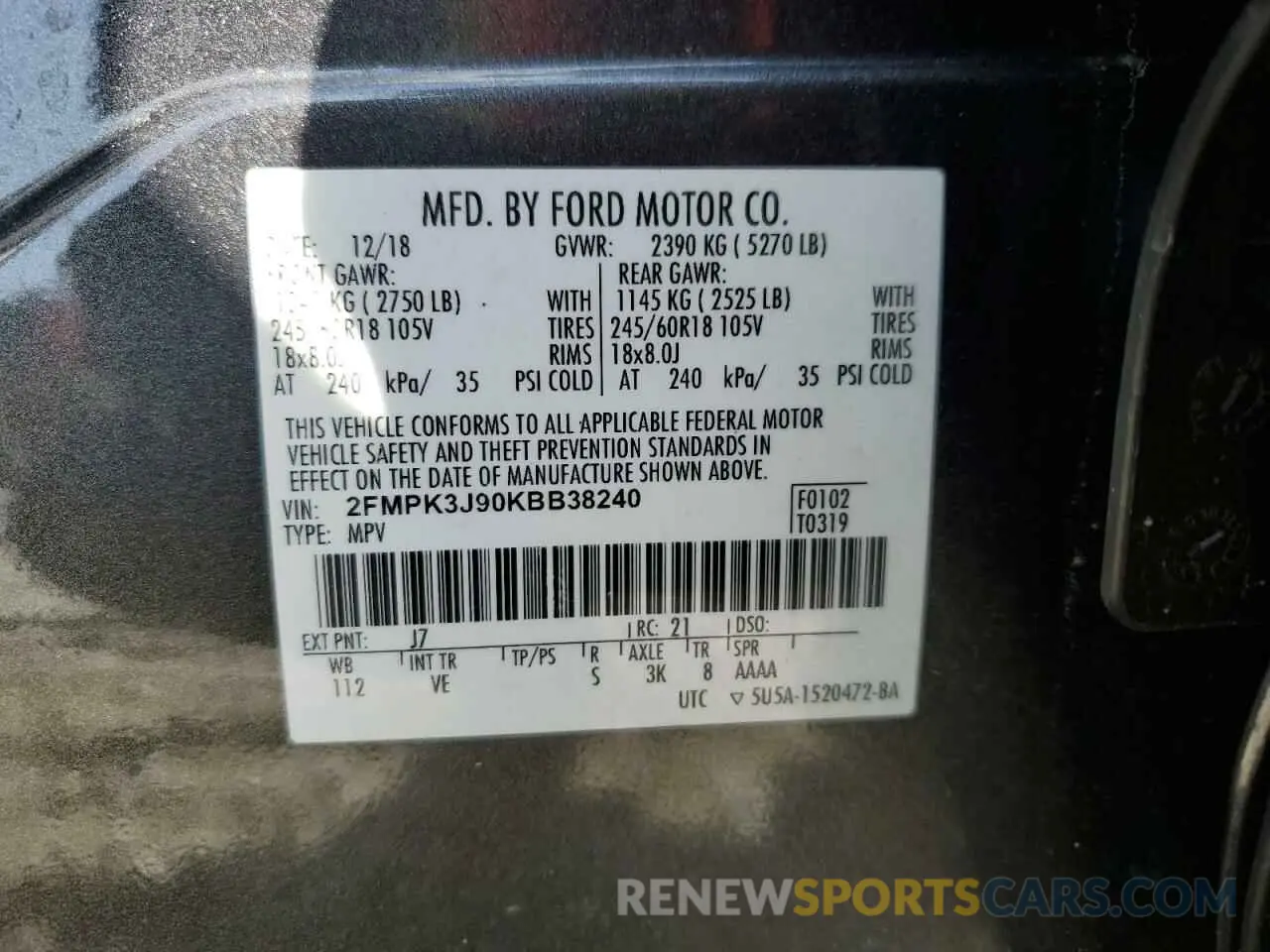 13 fotografías del automóvil dañado 2FMPK3J90KBB38240 FORD EDGE 2019