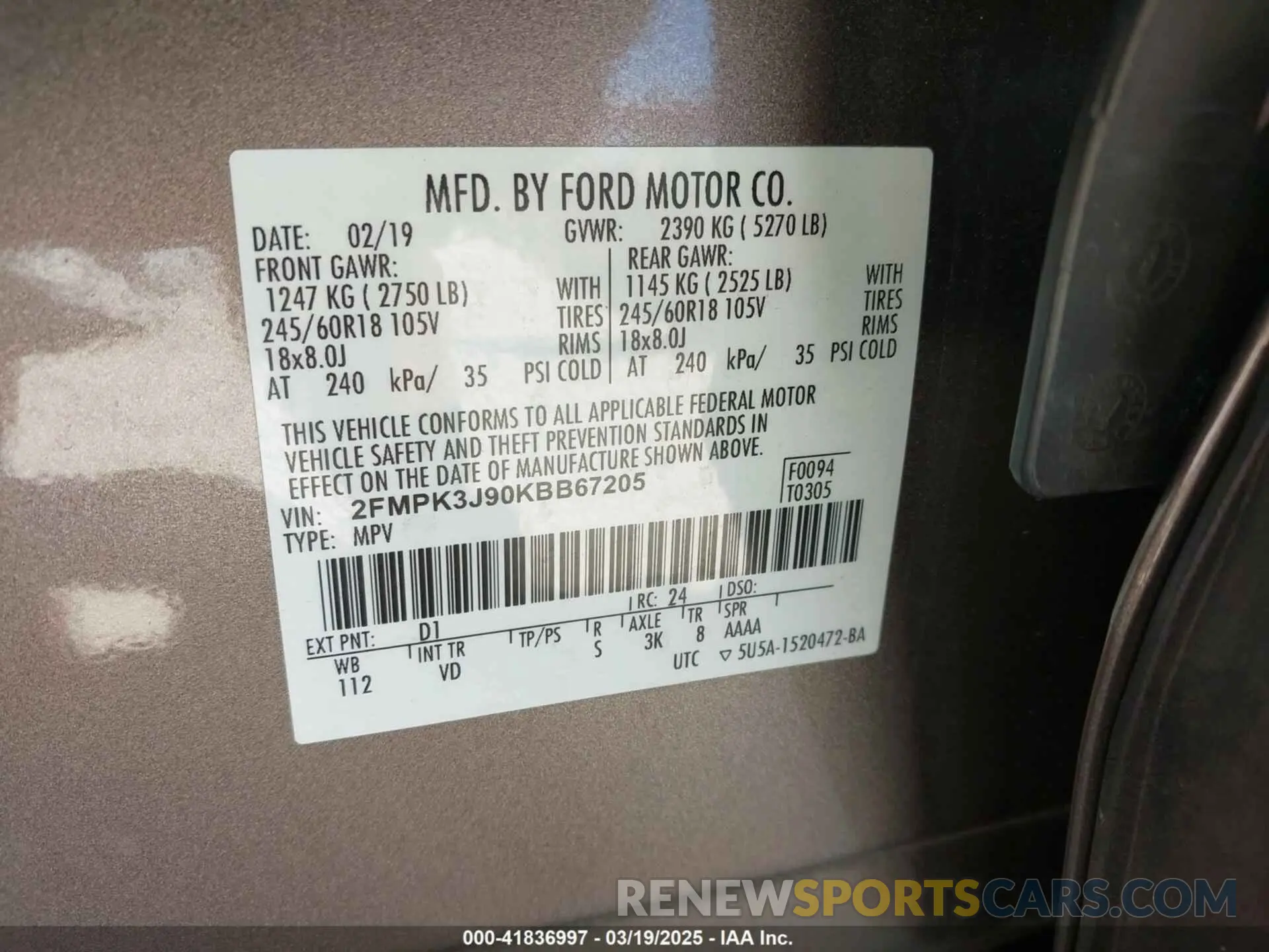 9 fotografías del automóvil dañado 2FMPK3J90KBB67205 FORD EDGE 2019