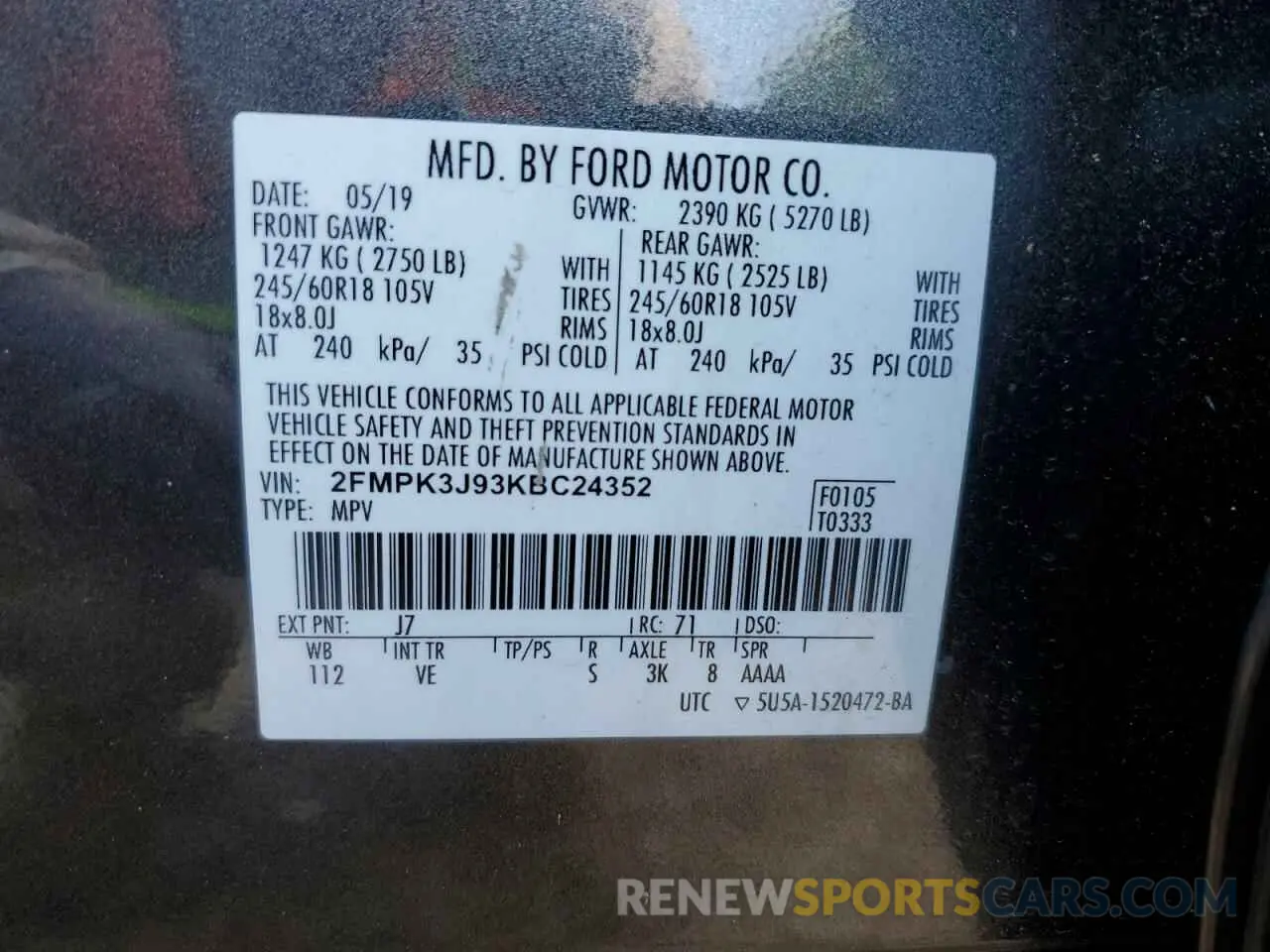 15 fotografías del automóvil dañado 2FMPK3J93KBC24352 FORD EDGE 2019