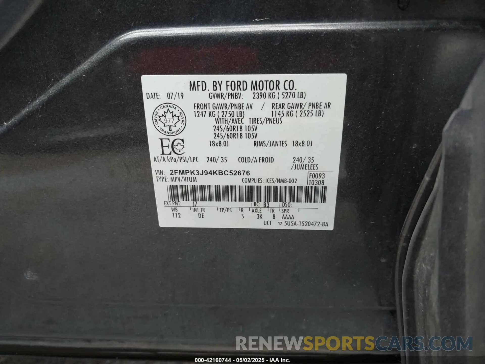 9 fotografías del automóvil dañado 2FMPK3J94KBC52676 FORD EDGE 2019