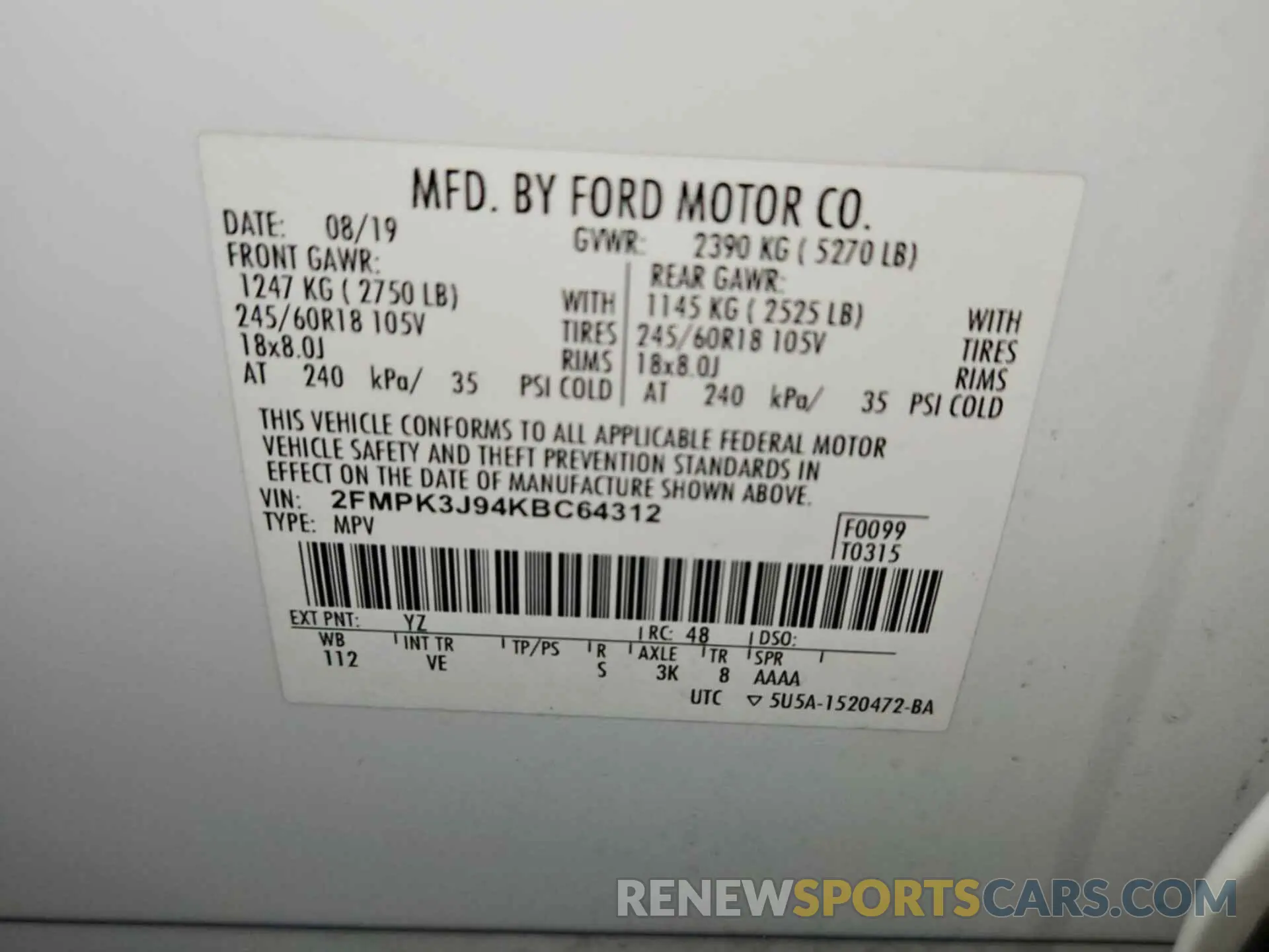 1 fotografías del automóvil dañado 2FMPK3J94KBC64312 FORD EDGE 2019