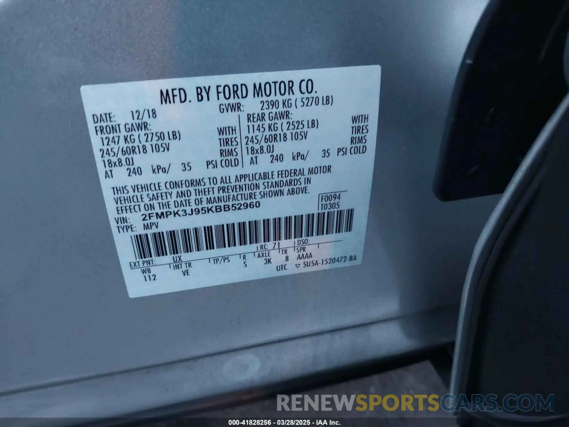 9 fotografías del automóvil dañado 2FMPK3J95KBB52960 FORD EDGE 2019