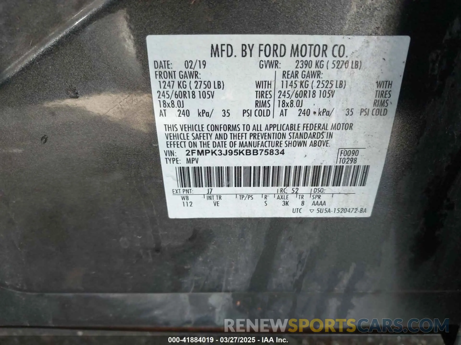 9 fotografías del automóvil dañado 2FMPK3J95KBB75834 FORD EDGE 2019