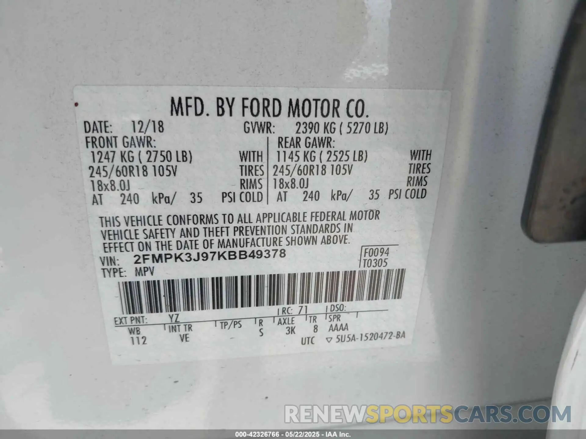 9 fotografías del automóvil dañado 2FMPK3J97KBB49378 FORD EDGE 2019