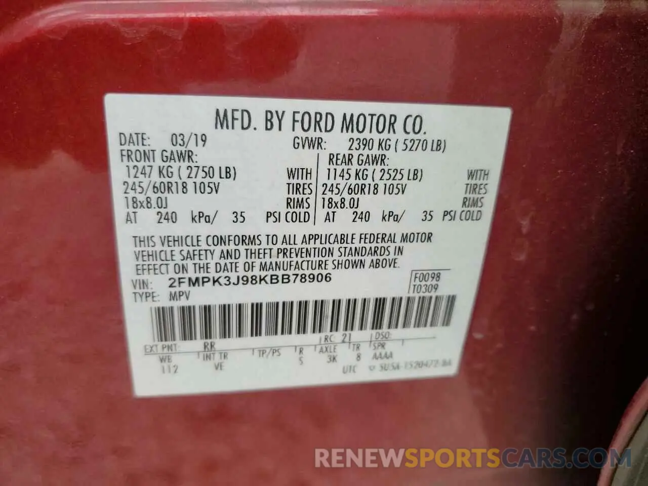 13 fotografías del automóvil dañado 2FMPK3J98KBB78906 FORD EDGE 2019