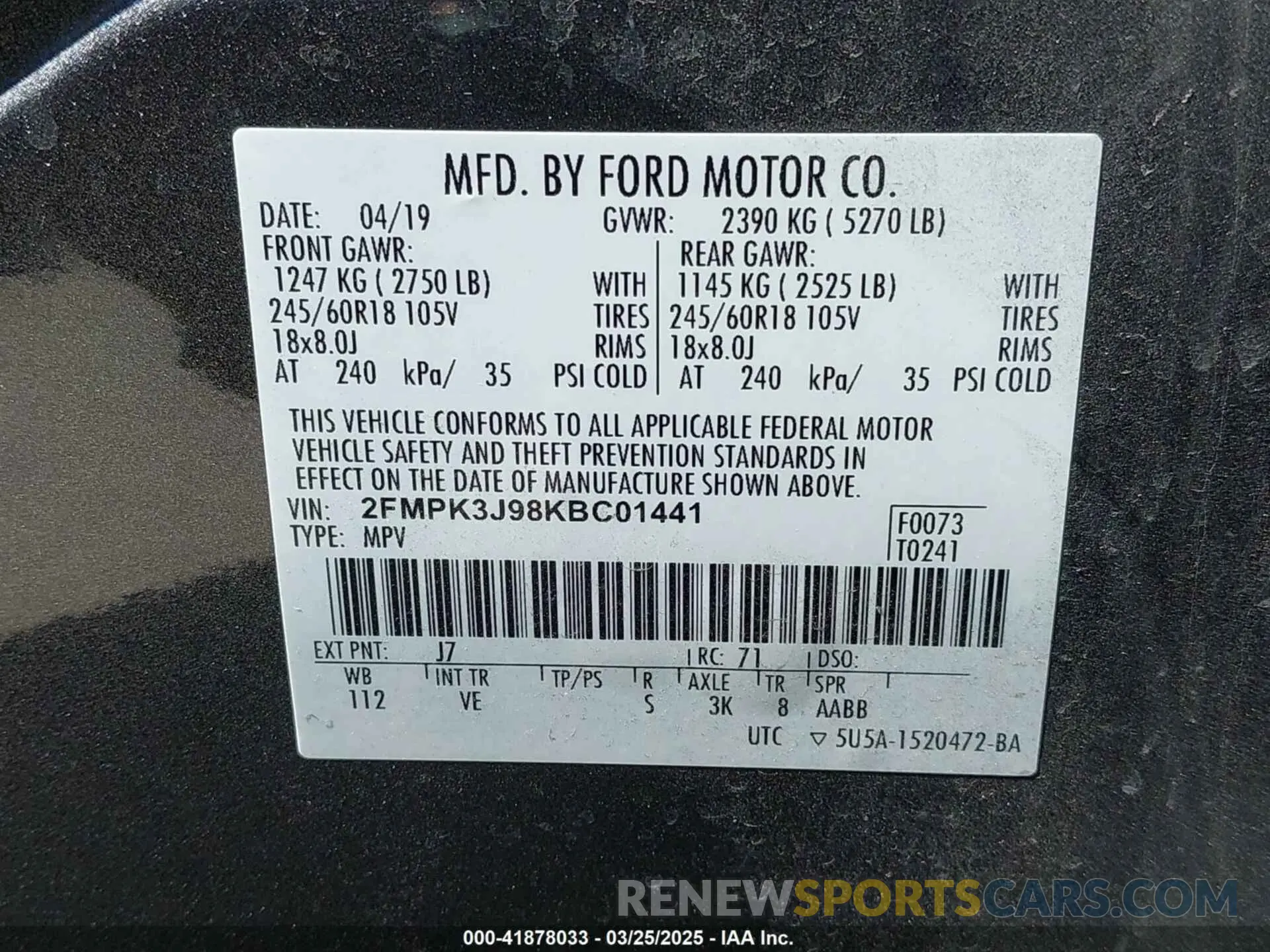 9 fotografías del automóvil dañado 2FMPK3J98KBC01441 FORD EDGE 2019