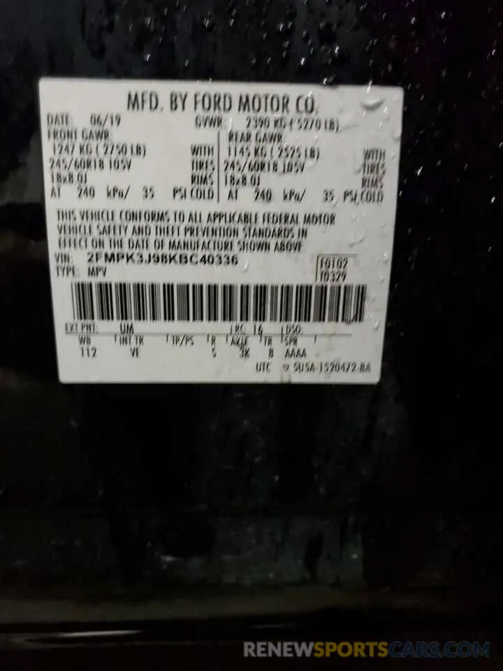 13 fotografías del automóvil dañado 2FMPK3J98KBC40336 FORD EDGE 2019