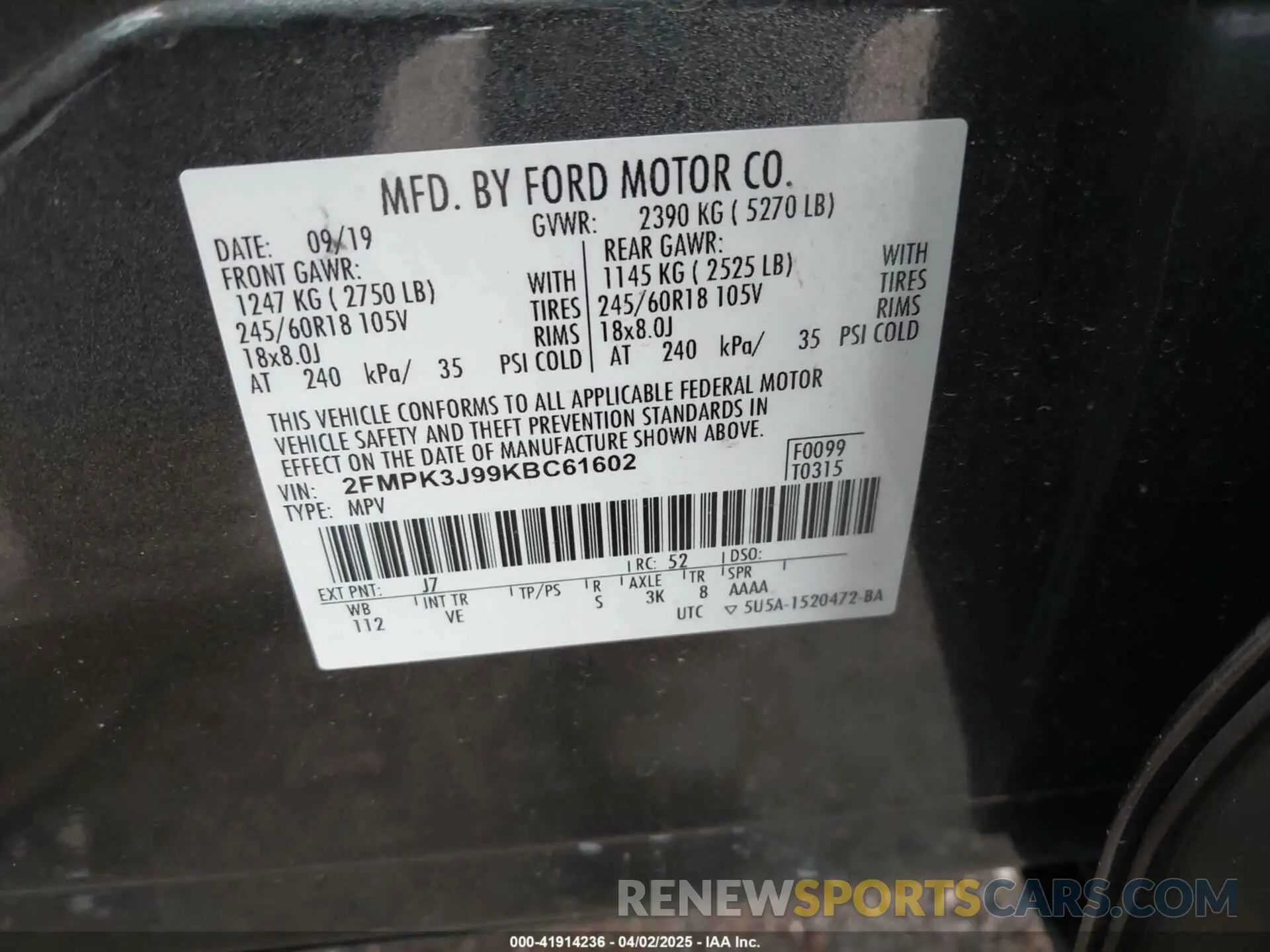 9 fotografías del automóvil dañado 2FMPK3J99KBC61602 FORD EDGE 2019