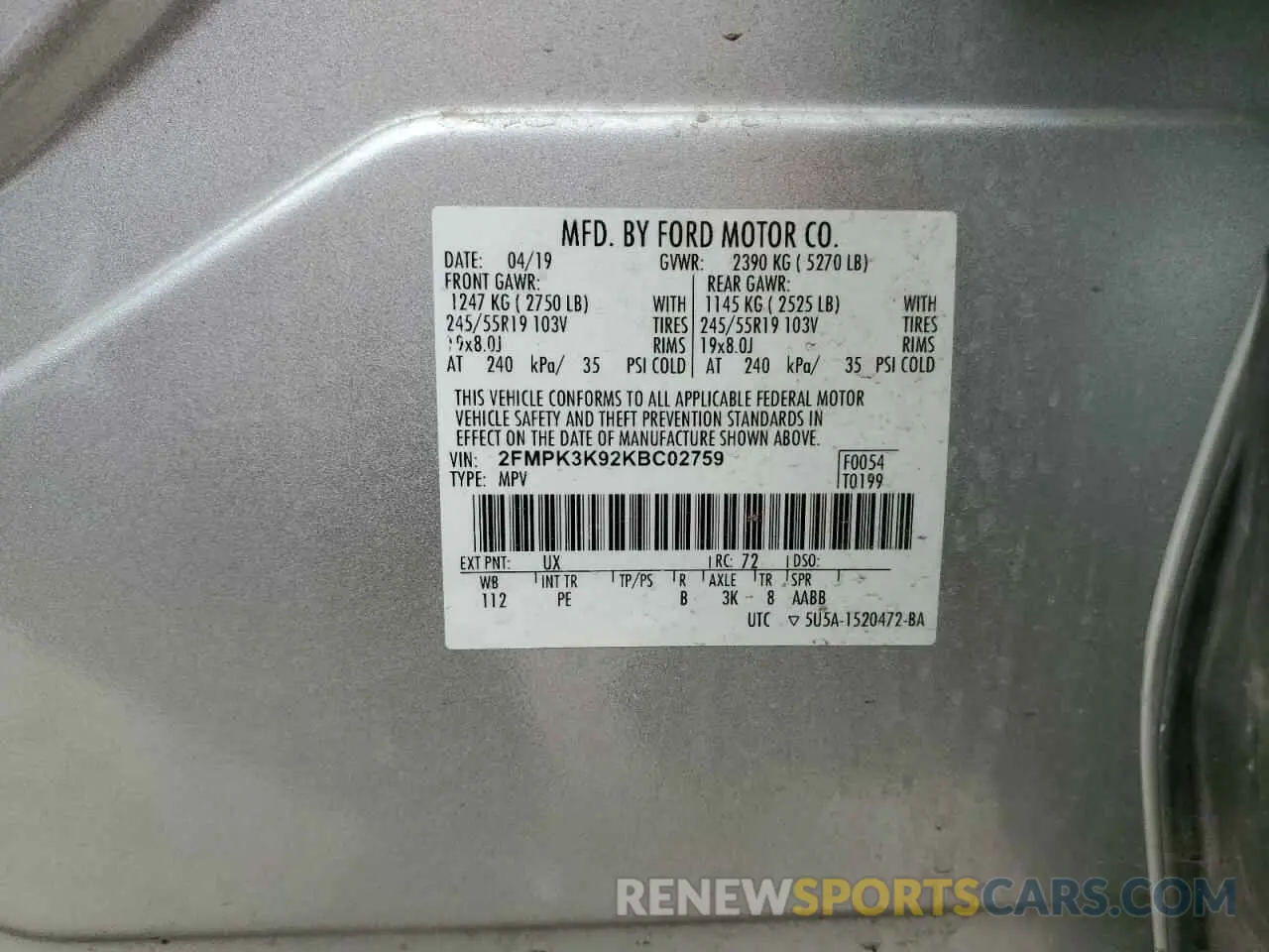 14 fotografías del automóvil dañado 2FMPK3K92KBC02759 FORD EDGE 2019