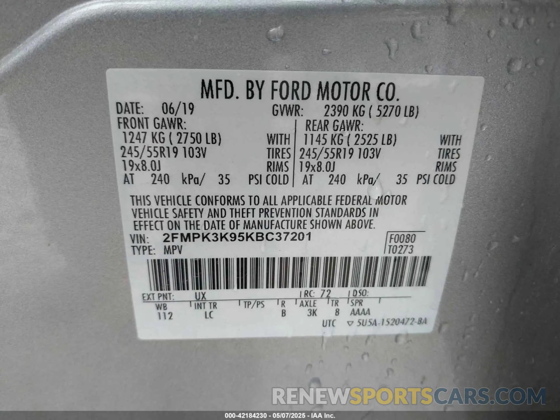 9 fotografías del automóvil dañado 2FMPK3K95KBC37201 FORD EDGE 2019