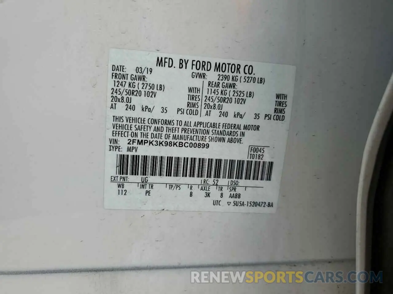 15 fotografías del automóvil dañado 2FMPK3K98KBC00899 FORD EDGE 2019