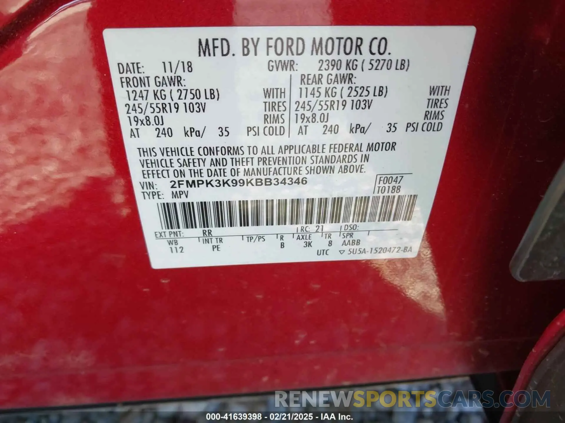 9 fotografías del automóvil dañado 2FMPK3K99KBB34346 FORD EDGE 2019