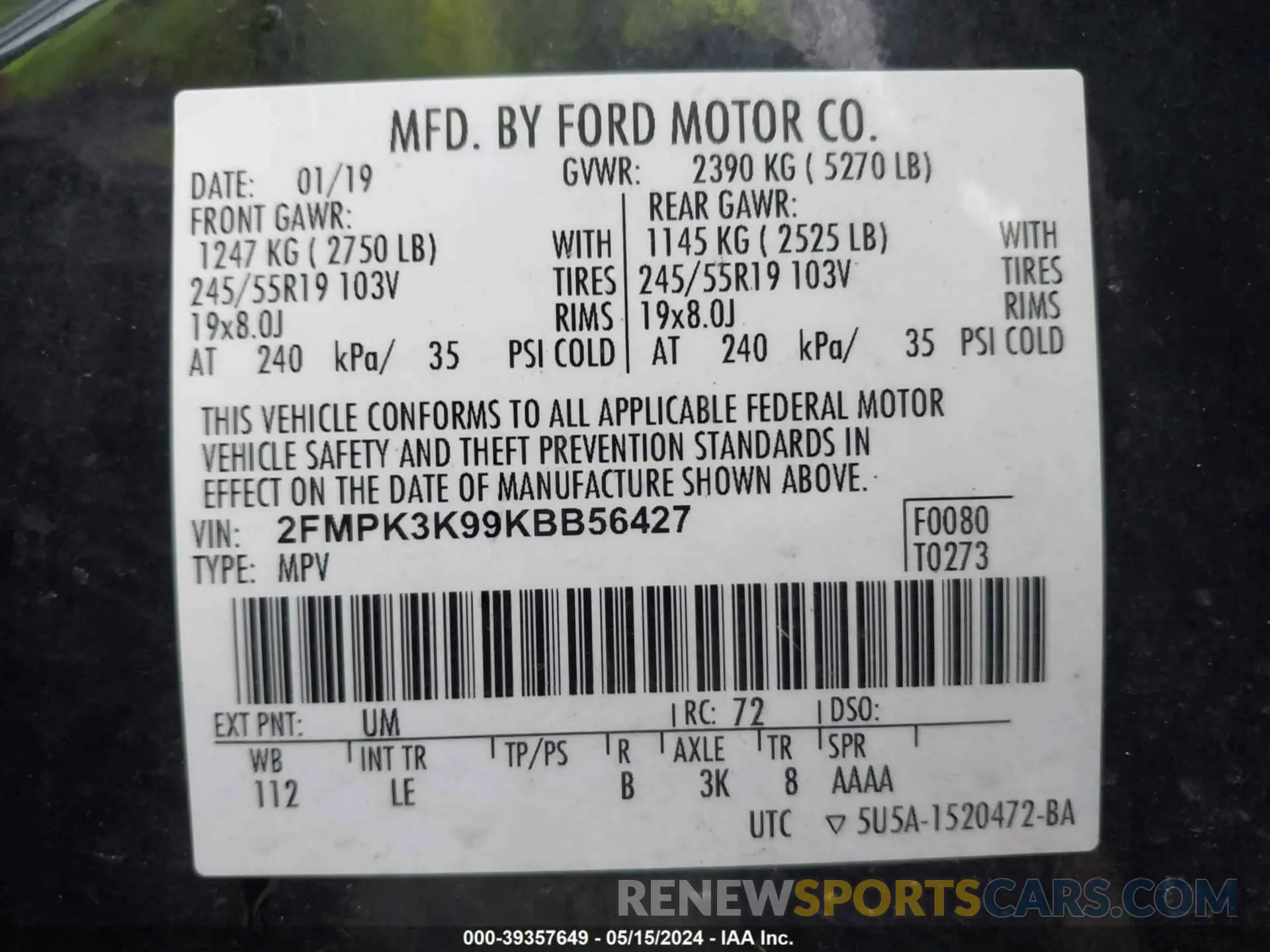 9 fotografías del automóvil dañado 2FMPK3K99KBB56427 FORD EDGE 2019