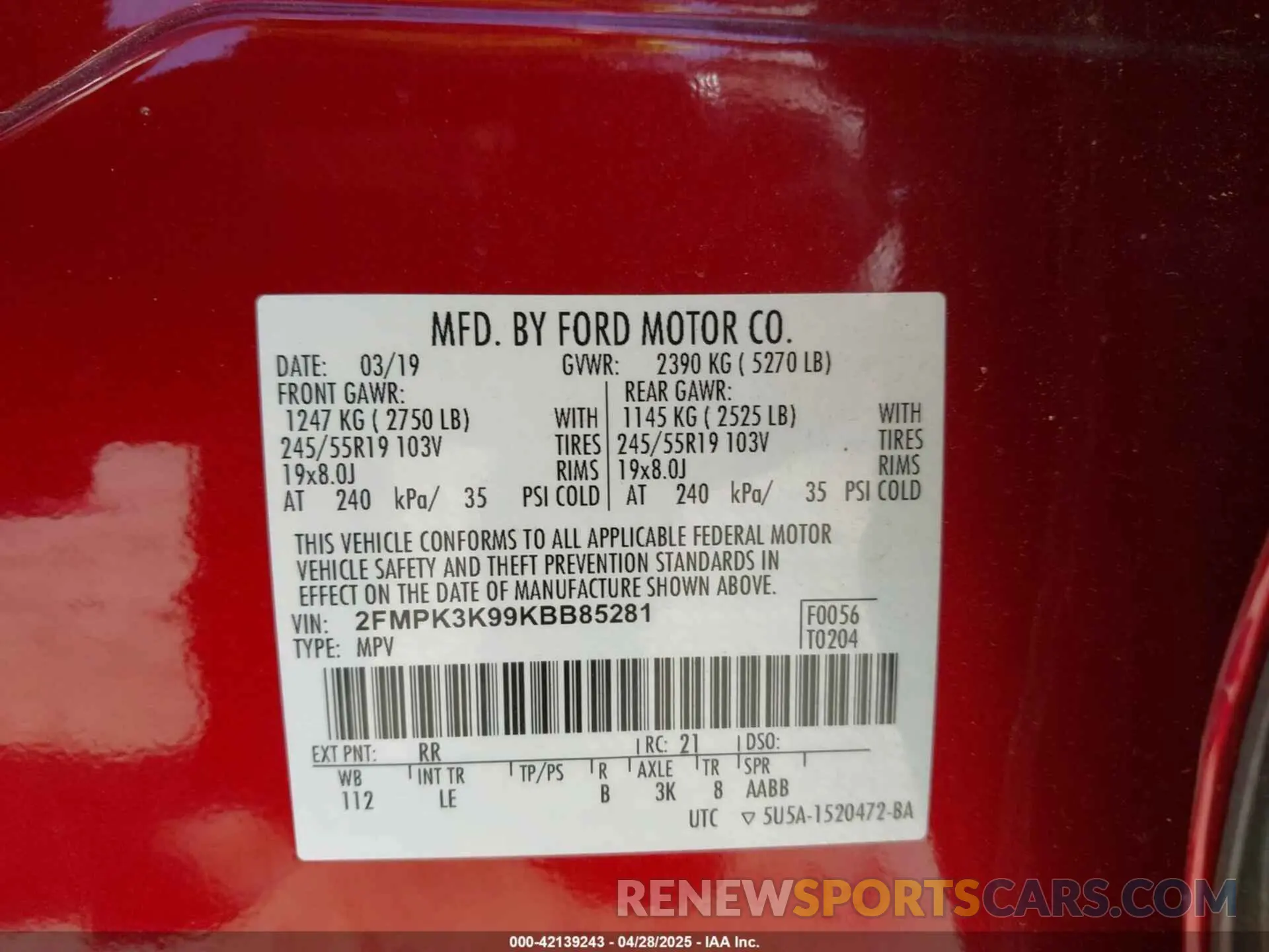 9 fotografías del automóvil dañado 2FMPK3K99KBB85281 FORD EDGE 2019