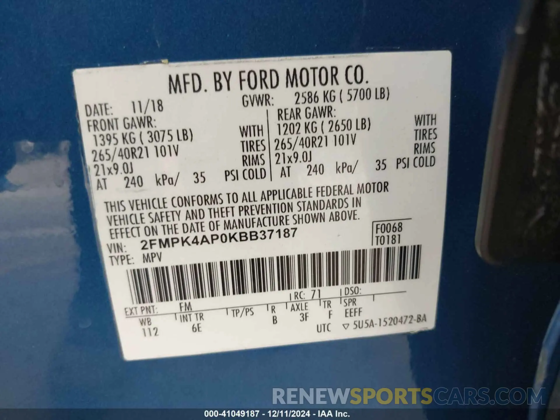 9 fotografías del automóvil dañado 2FMPK4AP0KBB37187 FORD EDGE 2019