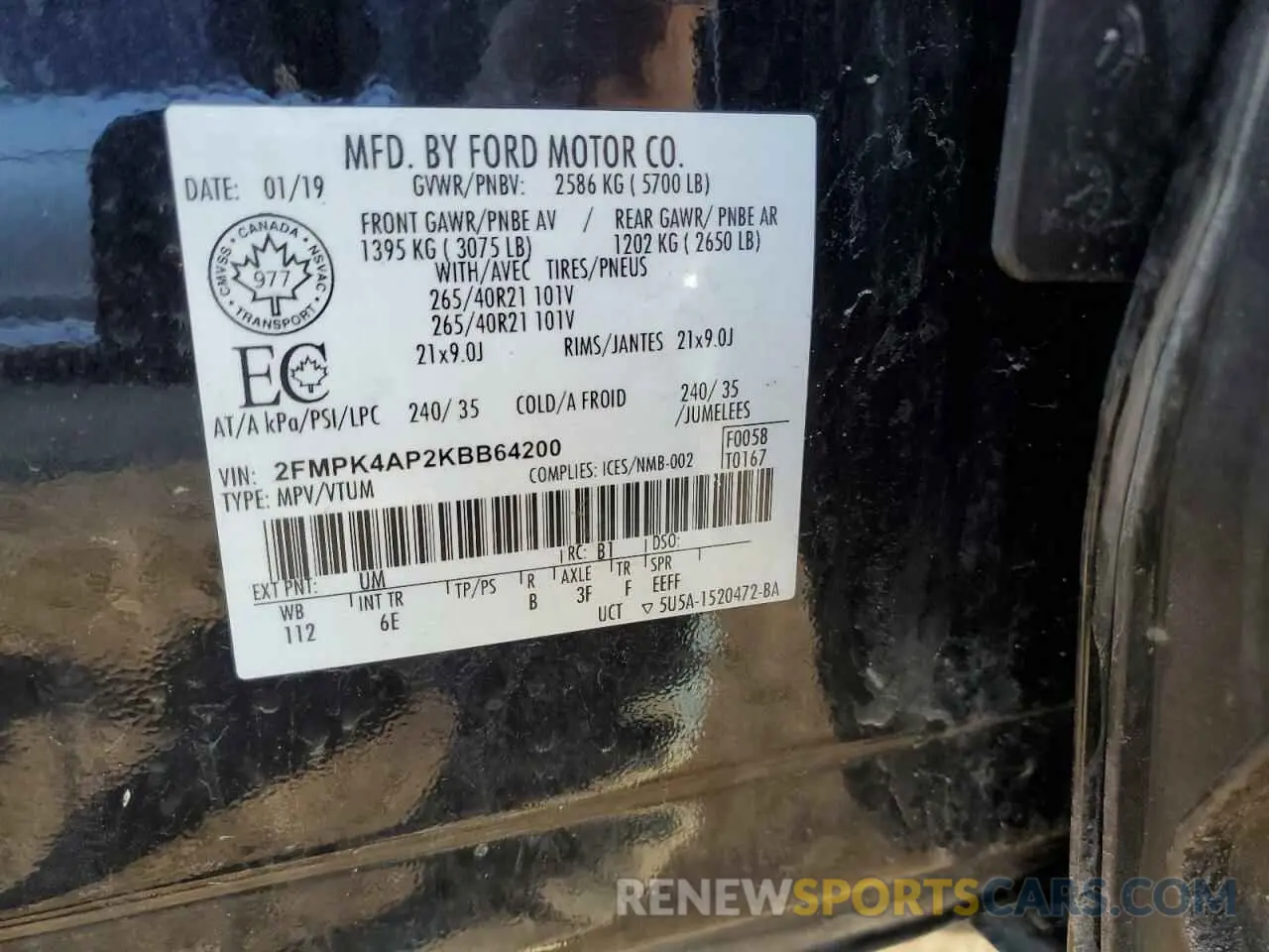14 fotografías del automóvil dañado 2FMPK4AP2KBB64200 FORD EDGE 2019