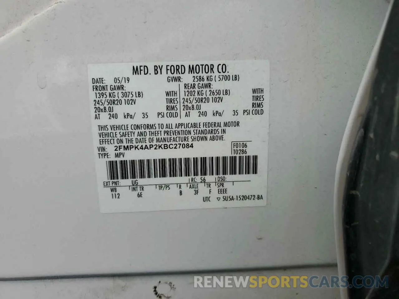 13 fotografías del automóvil dañado 2FMPK4AP2KBC27084 FORD EDGE 2019