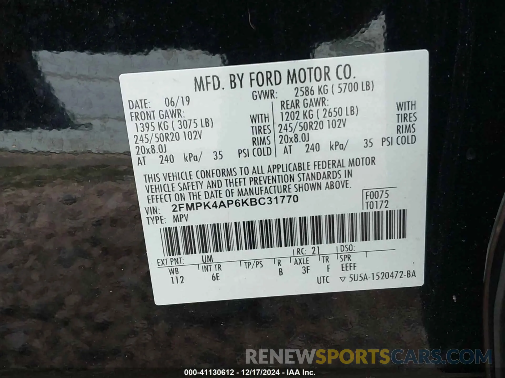 9 fotografías del automóvil dañado 2FMPK4AP6KBC31770 FORD EDGE 2019