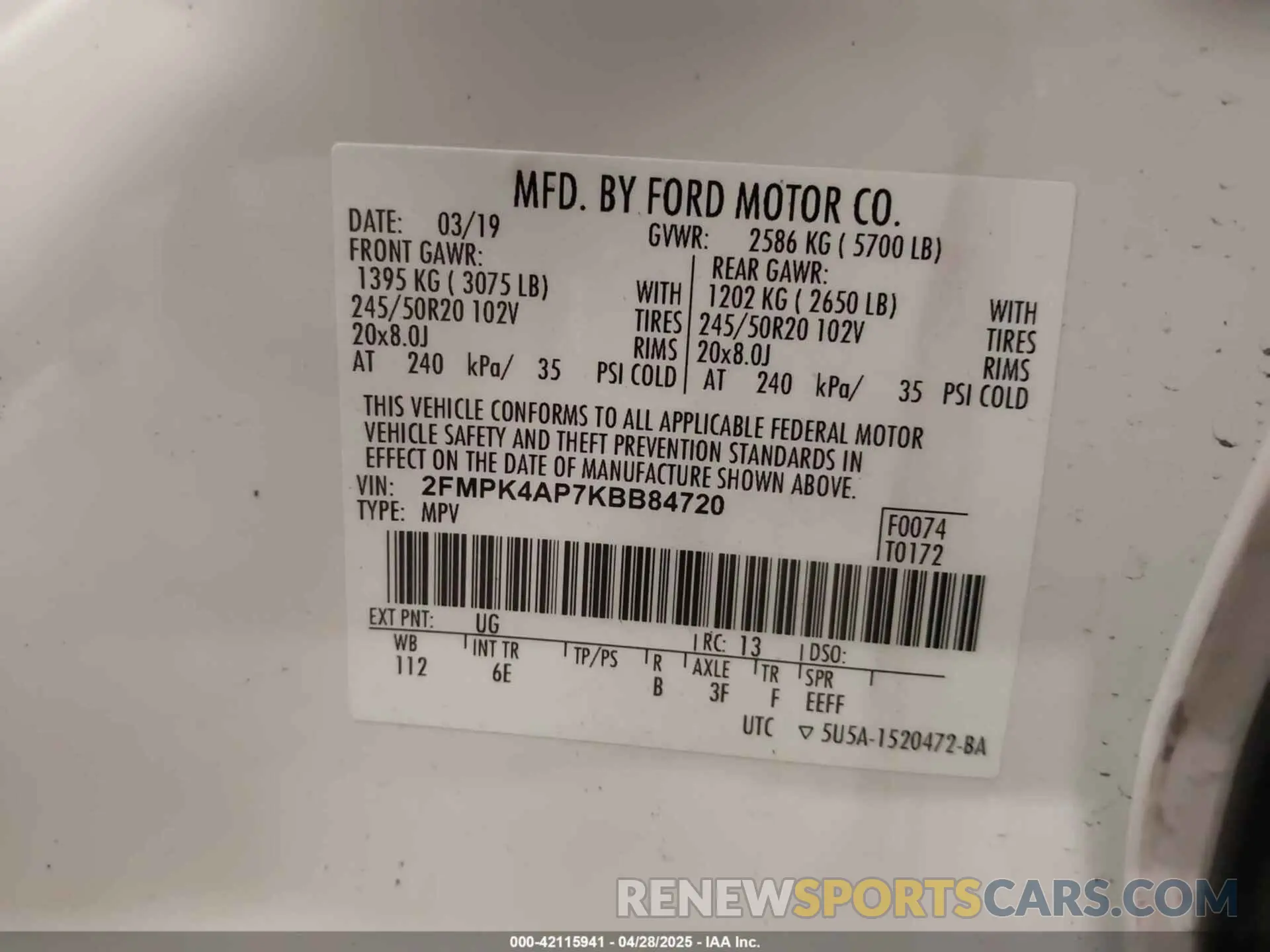 16 fotografías del automóvil dañado 2FMPK4AP7KBB84720 FORD EDGE 2019