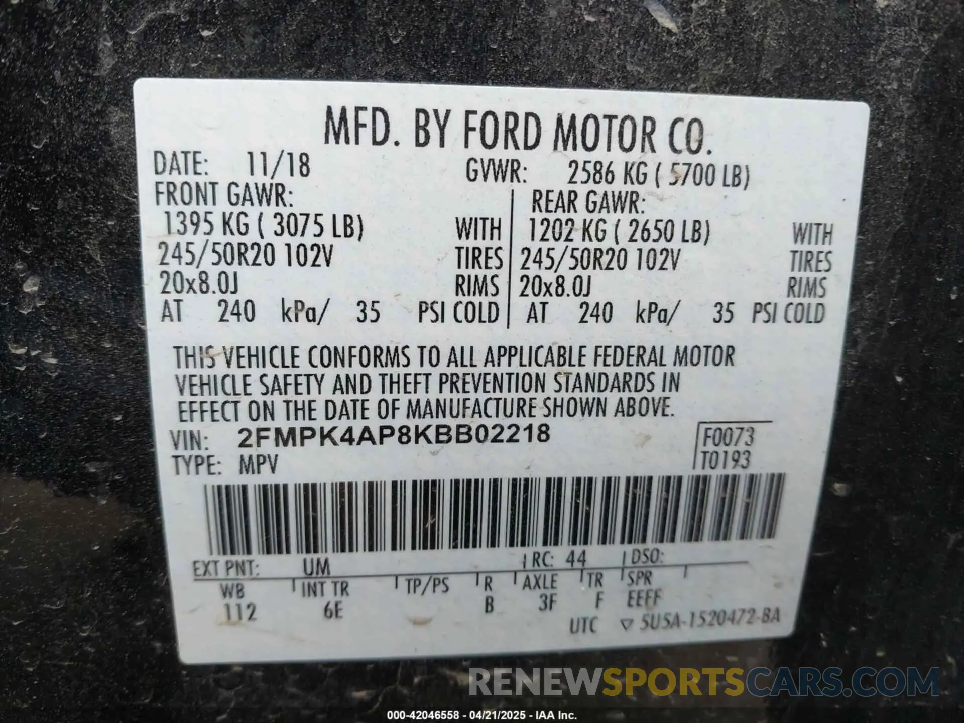 9 fotografías del automóvil dañado 2FMPK4AP8KBB02218 FORD EDGE 2019