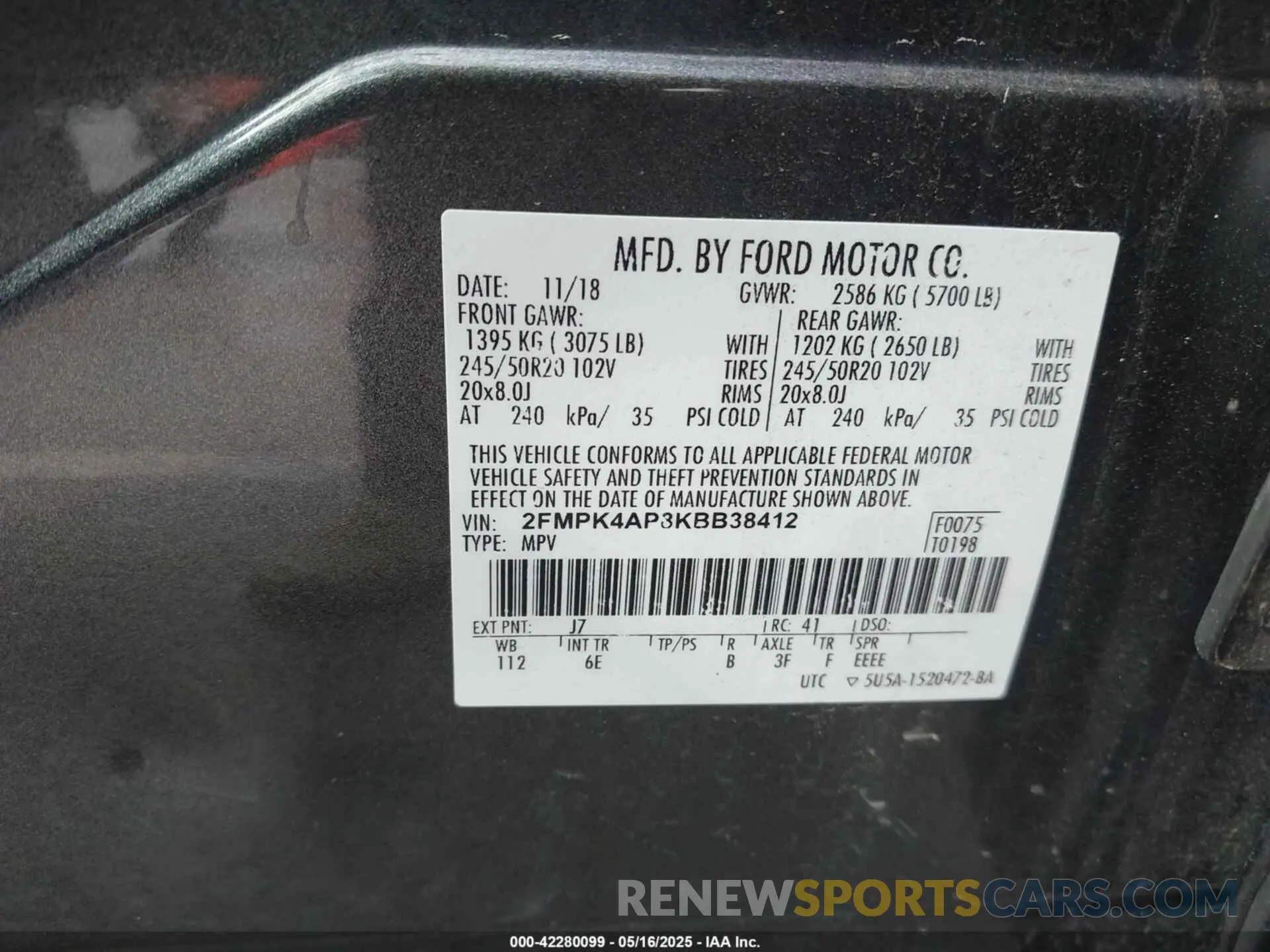 9 fotografías del automóvil dañado 2FMPK4AP8KBB38412 FORD EDGE 2019