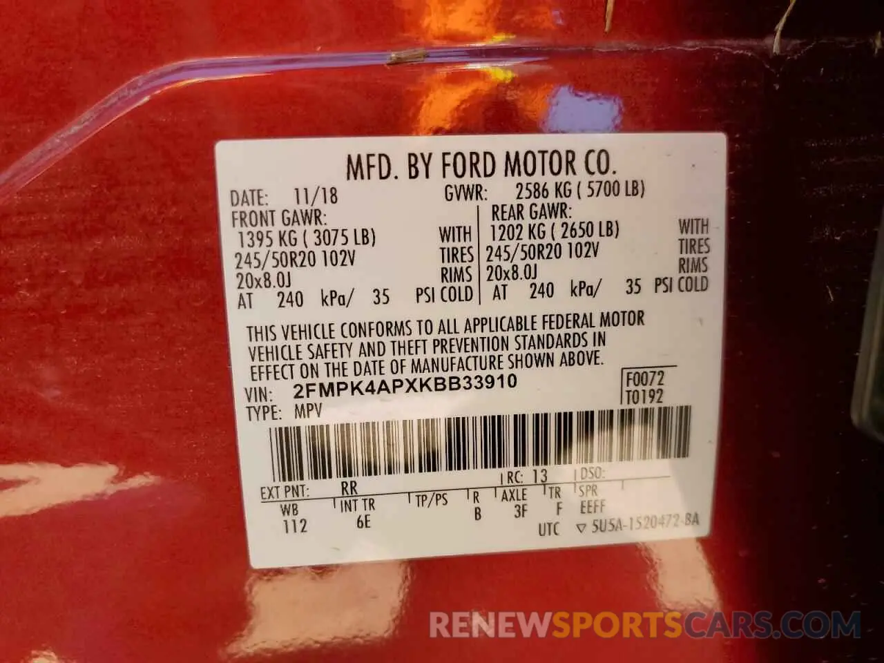 13 fotografías del automóvil dañado 2FMPK4APXKBB33910 FORD EDGE 2019