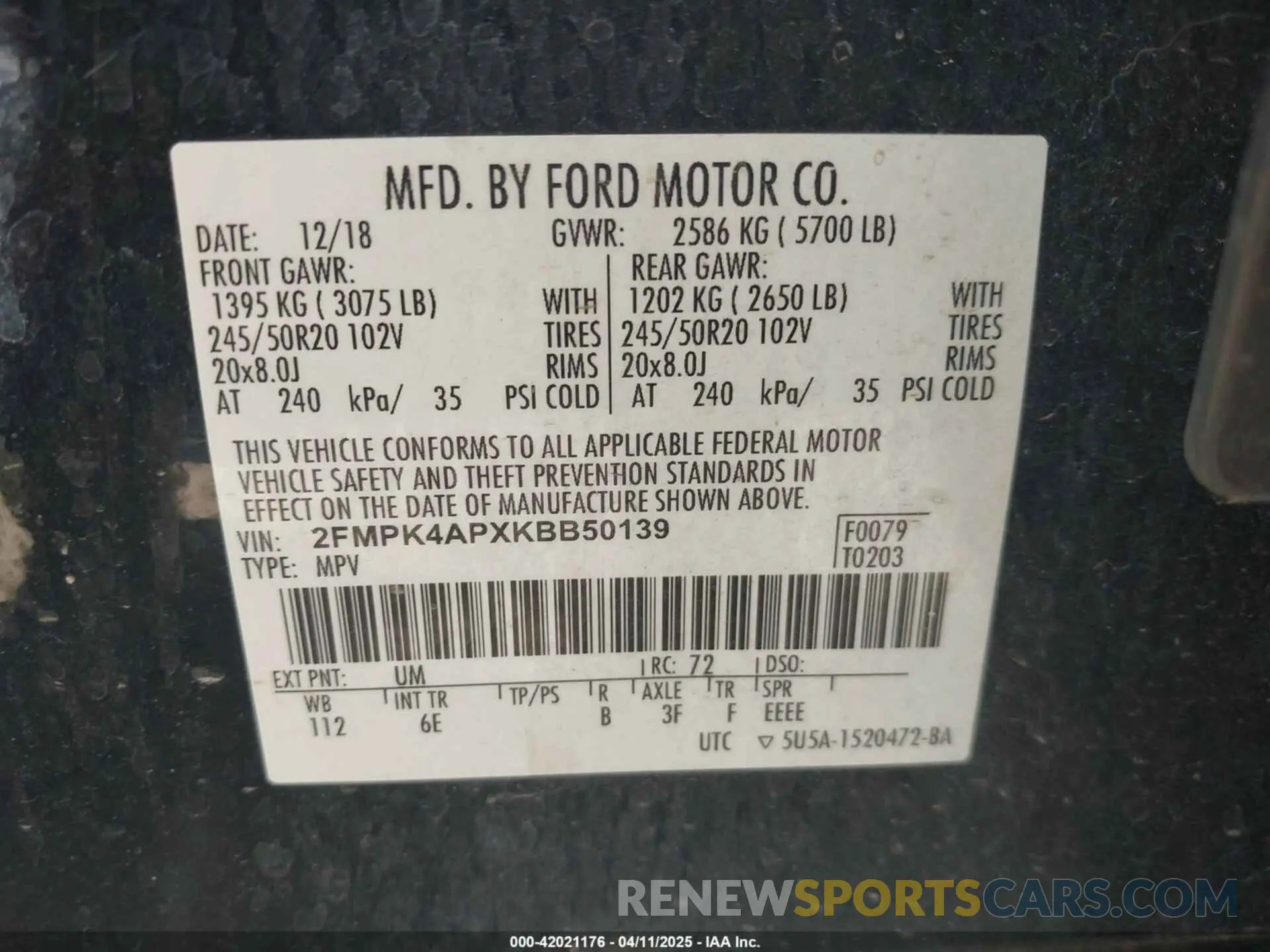 9 fotografías del automóvil dañado 2FMPK4APXKBB50139 FORD EDGE 2019
