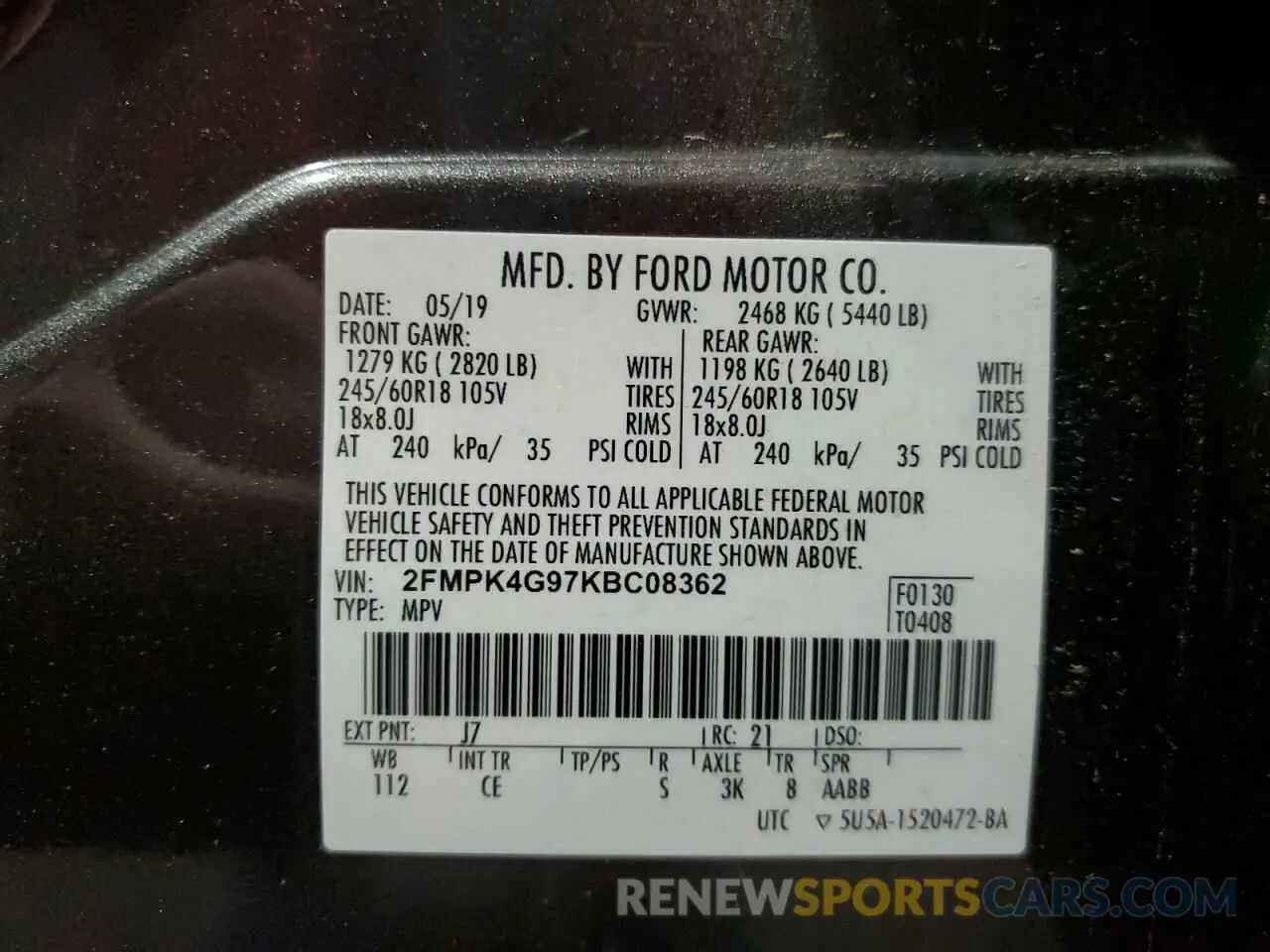 13 fotografías del automóvil dañado 2FMPK4G97KBC08362 FORD EDGE 2019