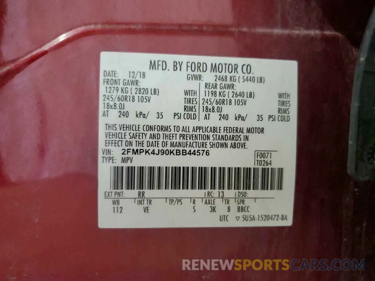 14 fotografías del automóvil dañado 2FMPK4J90KBB44576 FORD EDGE 2019