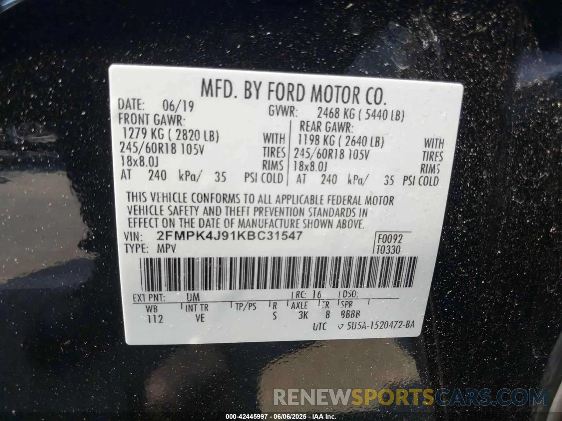 9 fotografías del automóvil dañado 2FMPK4J91KBC31547 FORD EDGE 2019