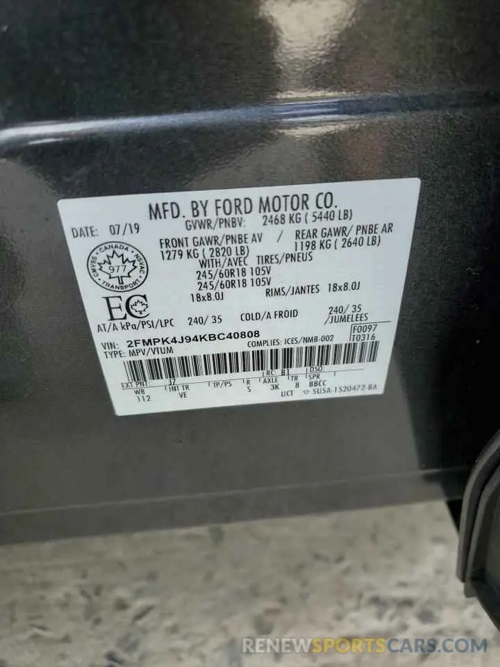 13 fotografías del automóvil dañado 2FMPK4J94KBC40808 FORD EDGE 2019