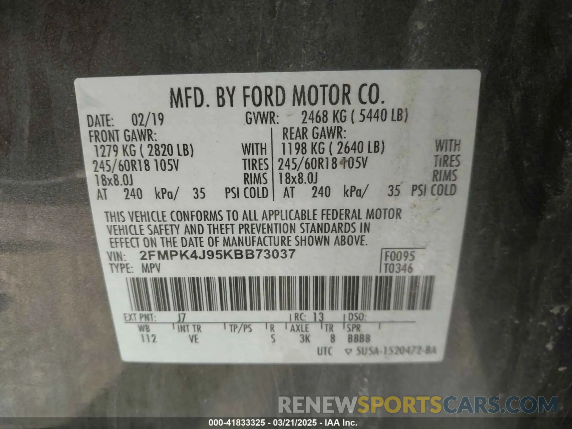 9 fotografías del automóvil dañado 2FMPK4J95KBB73037 FORD EDGE 2019