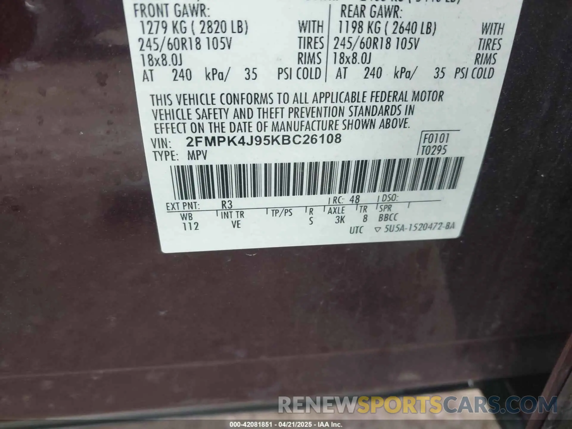 9 fotografías del automóvil dañado 2FMPK4J95KBC26108 FORD EDGE 2019