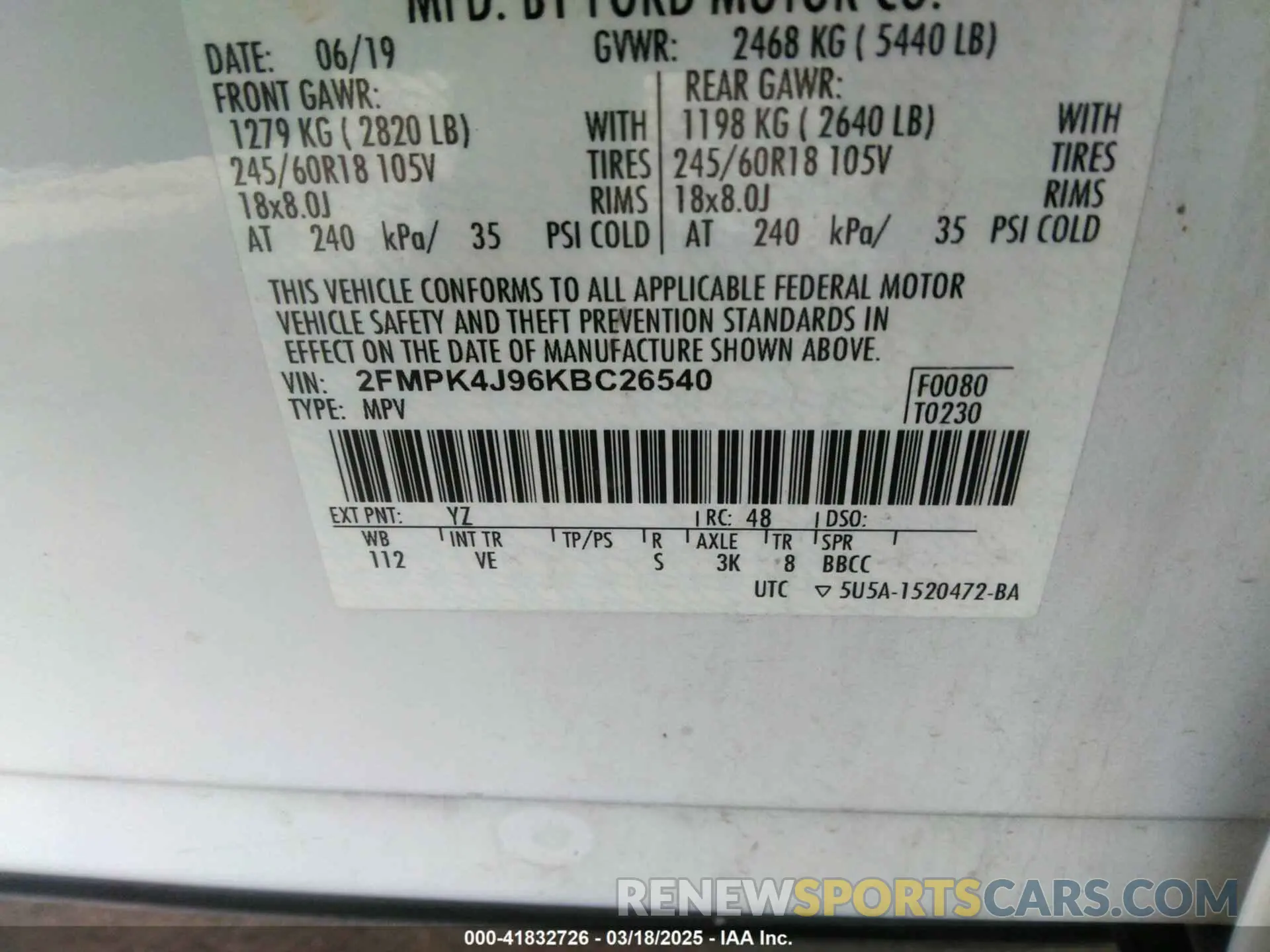 9 fotografías del automóvil dañado 2FMPK4J96KBC26540 FORD EDGE 2019