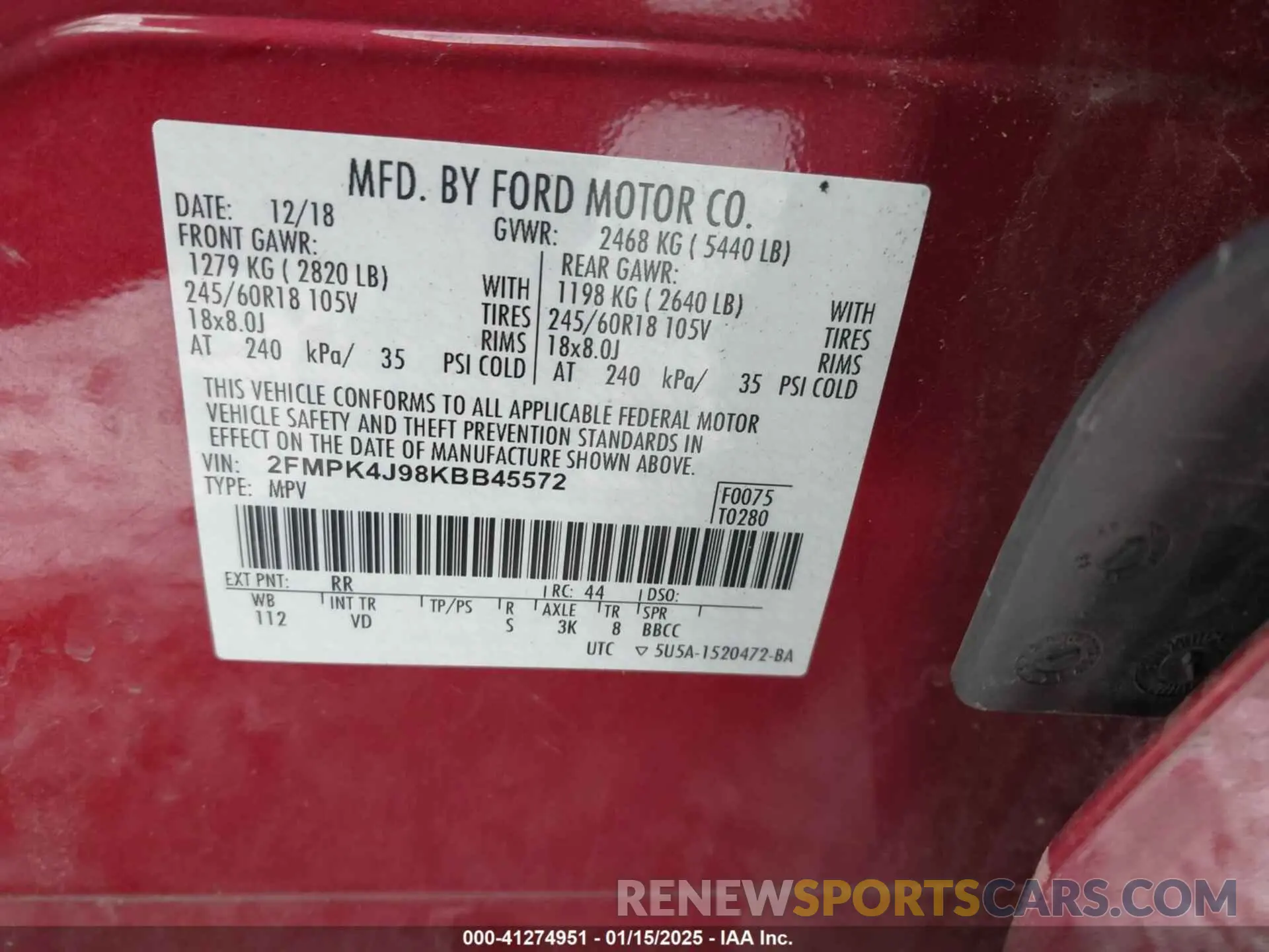 9 fotografías del automóvil dañado 2FMPK4J98KBB45572 FORD EDGE 2019