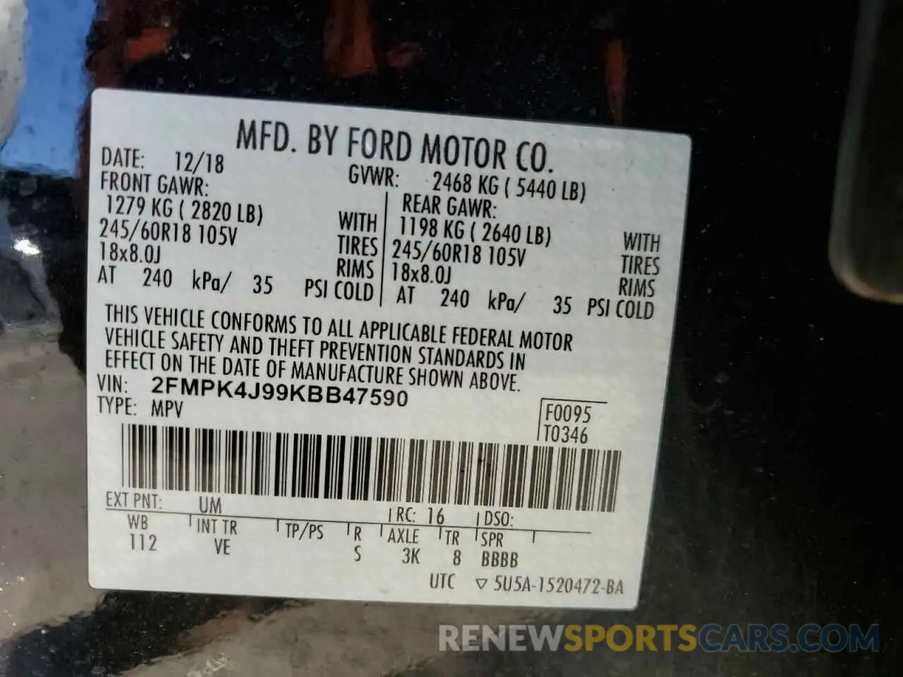 15 fotografías del automóvil dañado 2FMPK4J99KBB47590 FORD EDGE 2019