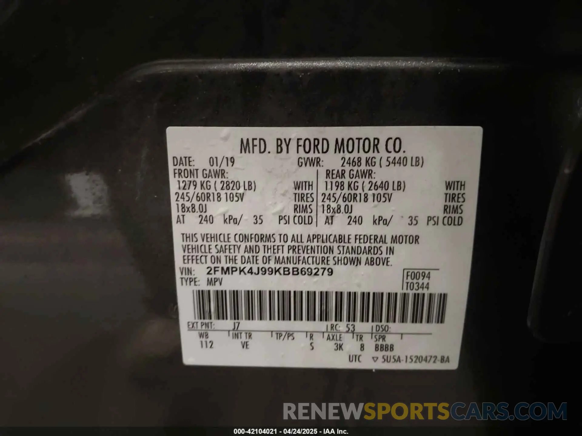 9 fotografías del automóvil dañado 2FMPK4J99KBB69279 FORD EDGE 2019