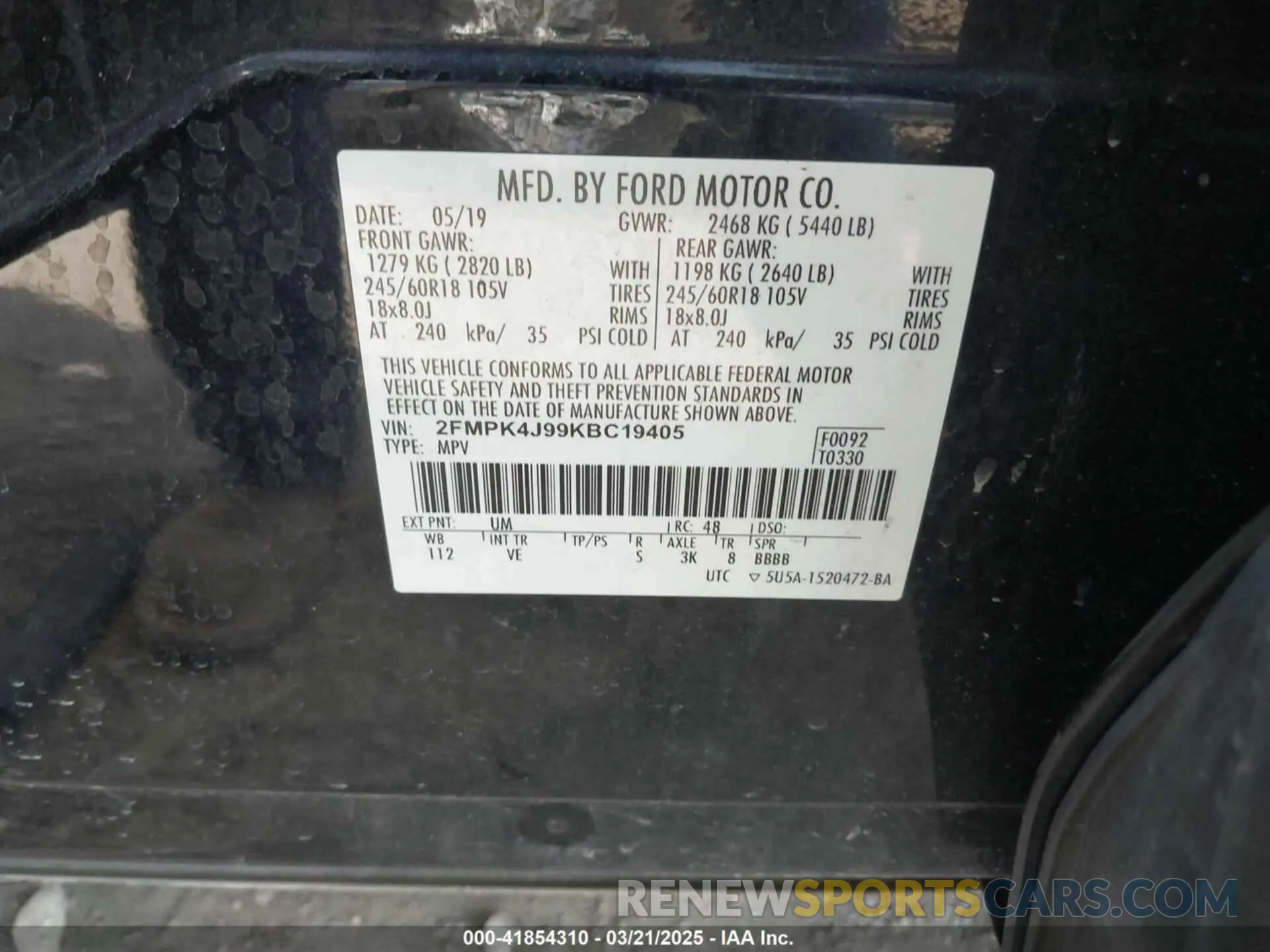 9 fotografías del automóvil dañado 2FMPK4J99KBC19405 FORD EDGE 2019