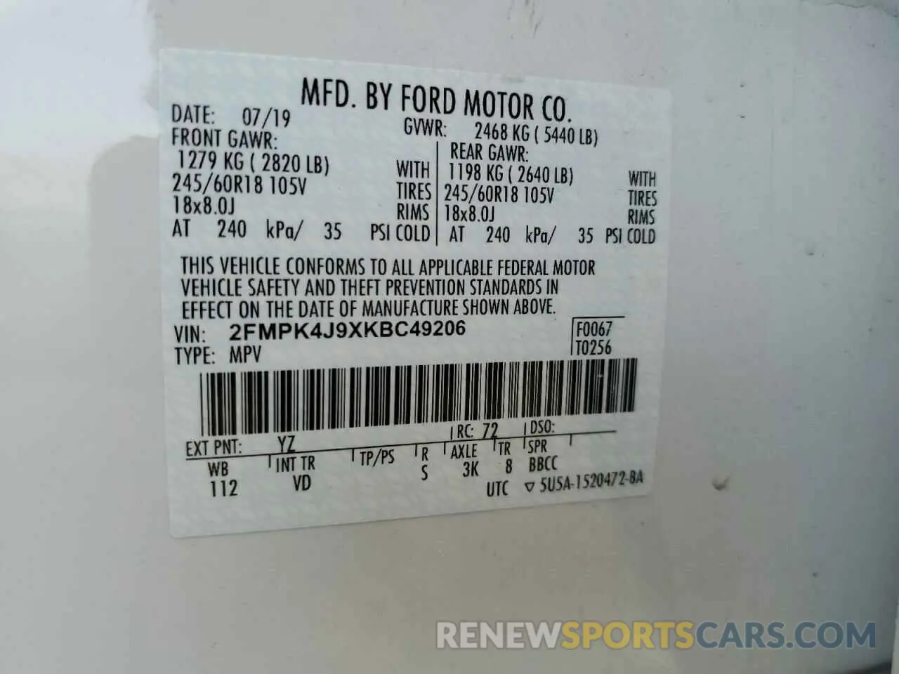 14 fotografías del automóvil dañado 2FMPK4J9XKBC49206 FORD EDGE 2019