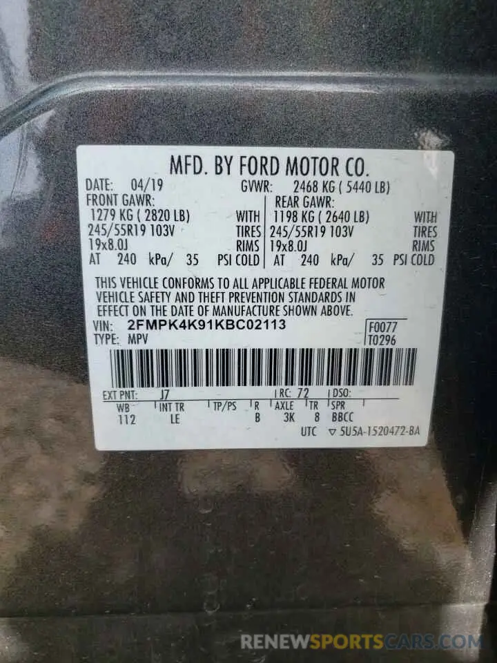 13 fotografías del automóvil dañado 2FMPK4K91KBC02113 FORD EDGE 2019