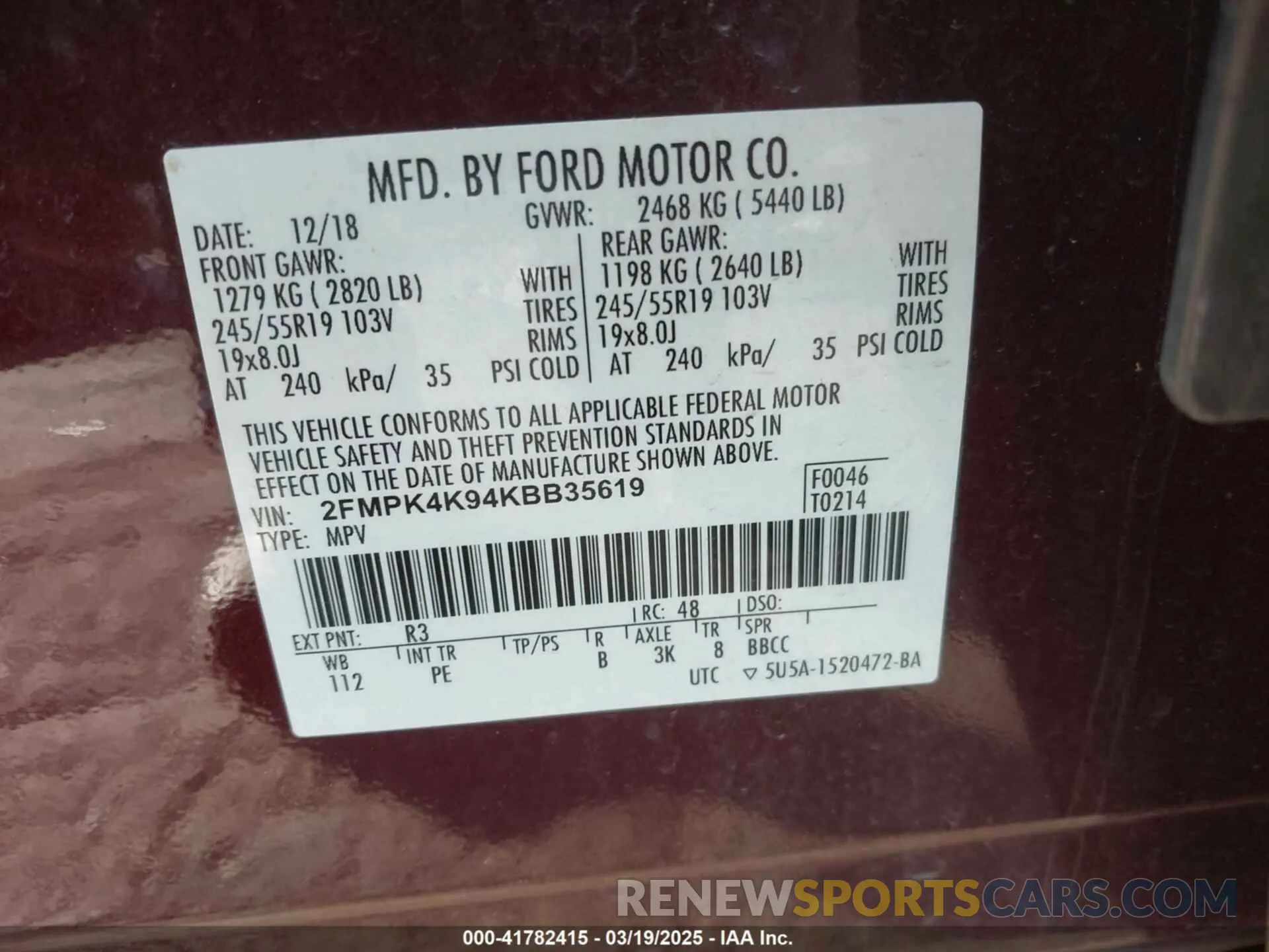 9 fotografías del automóvil dañado 2FMPK4K94KBB35619 FORD EDGE 2019