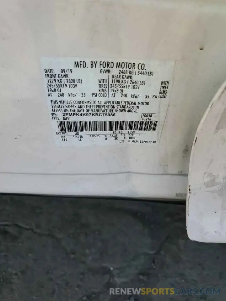 12 fotografías del automóvil dañado 2FMPK4K97KBC75986 FORD EDGE 2019