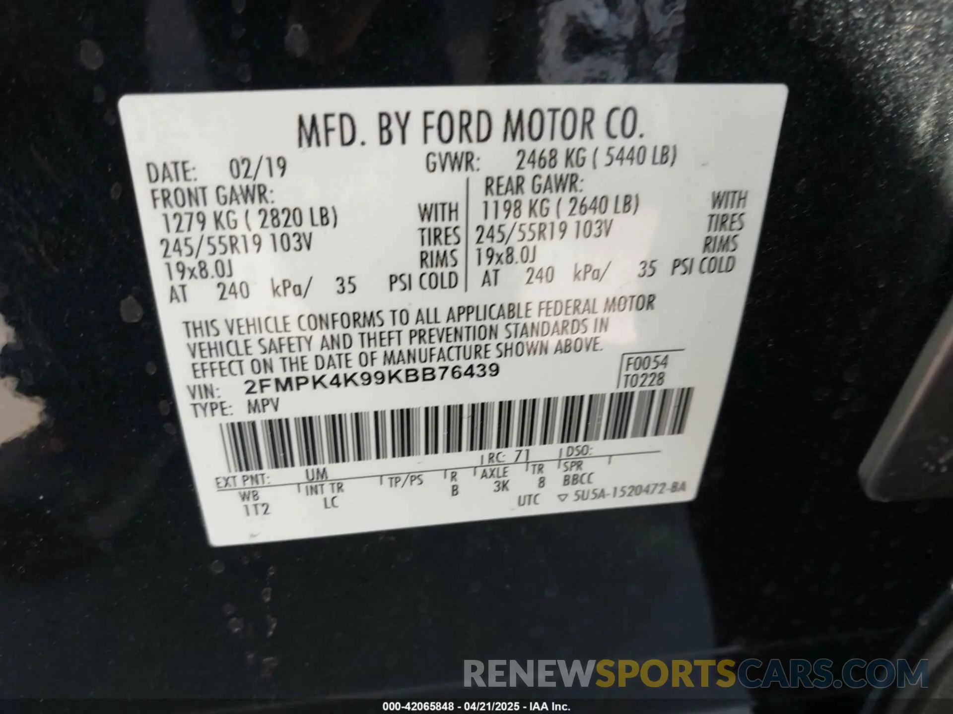 9 fotografías del automóvil dañado 2FMPK4K99KBB76439 FORD EDGE 2019