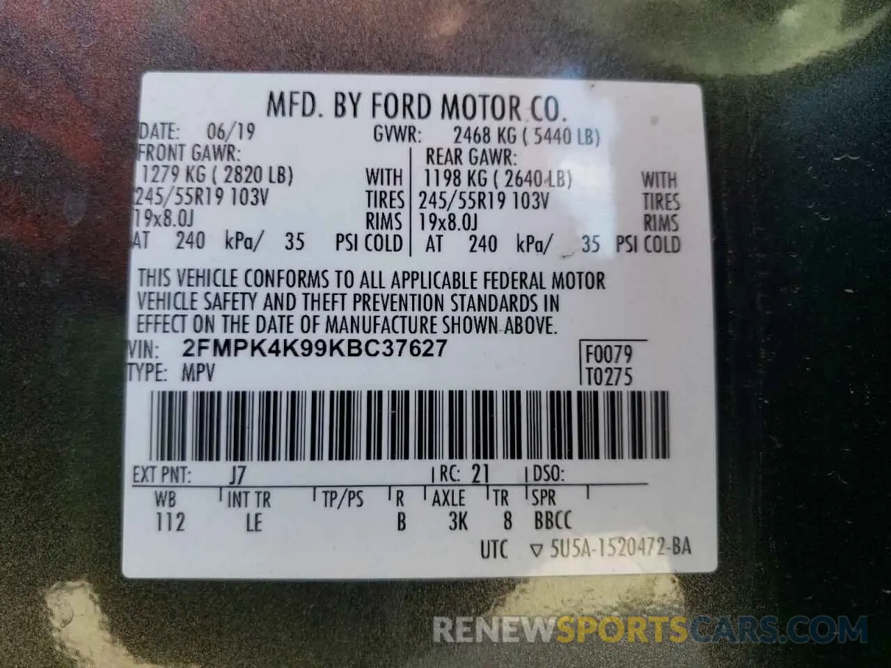 14 fotografías del automóvil dañado 2FMPK4K99KBC37627 FORD EDGE 2019