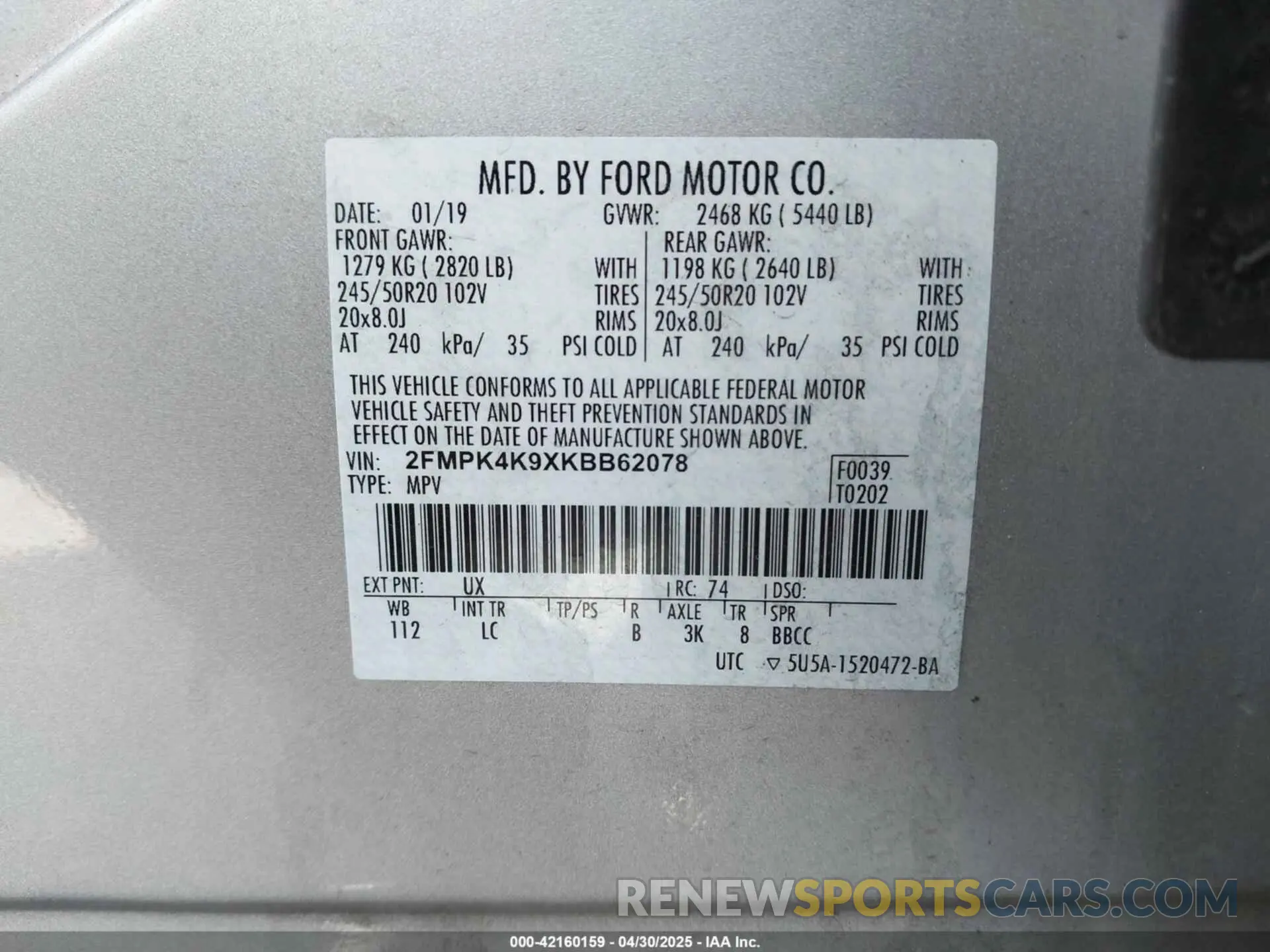 9 fotografías del automóvil dañado 2FMPK4K9XKBB62078 FORD EDGE 2019