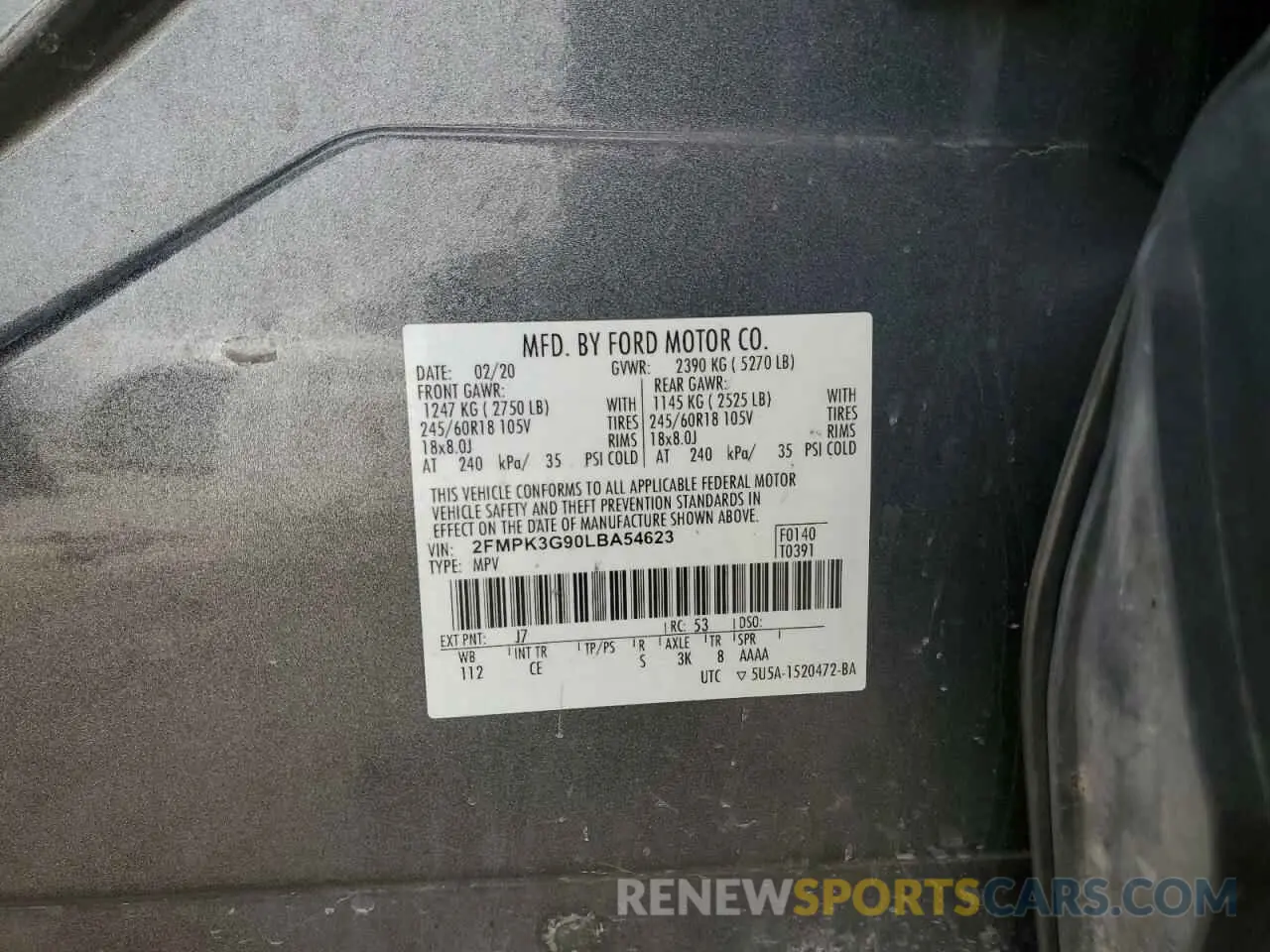 14 fotografías del automóvil dañado 2FMPK3G90LBA54623 FORD EDGE 2020