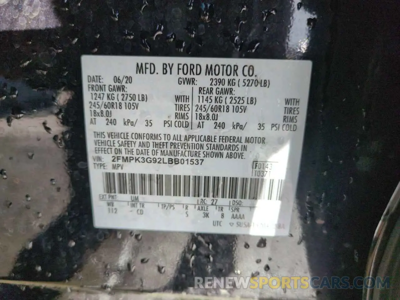 14 fotografías del automóvil dañado 2FMPK3G92LBB01537 FORD EDGE 2020